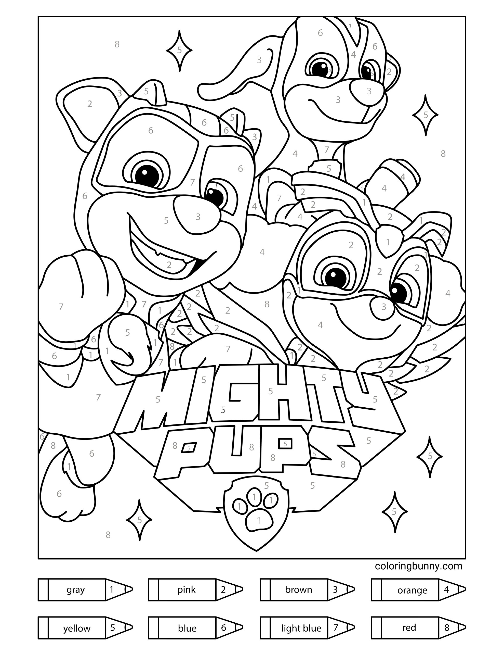 A PAW Patrol “Mighty Pups” color-by-number coloring page featuring three Mighty Pup characters in their superhero outfits. The characters are posed around the large “MIGHTY PUPS” logo, with numbered sections throughout the page corresponding to the color key at the bottom. The palette includes gray, pink, brown, orange, yellow, blue, light blue, and red. Sparkling star shapes are scattered in the background.