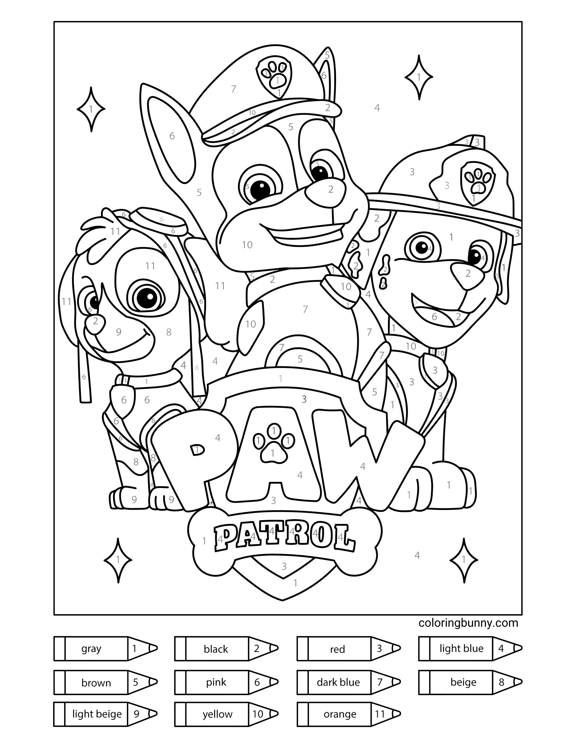 A PAW Patrol color-by-number coloring page featuring Skye, Chase, and Marshall in their uniforms, smiling and posing together behind a large PAW Patrol logo. The image is divided into numbered sections that match a color key at the bottom, including gray, black, red, light blue, brown, pink, dark blue, beige, light beige, yellow, and orange. Star-shaped accents decorate the background.