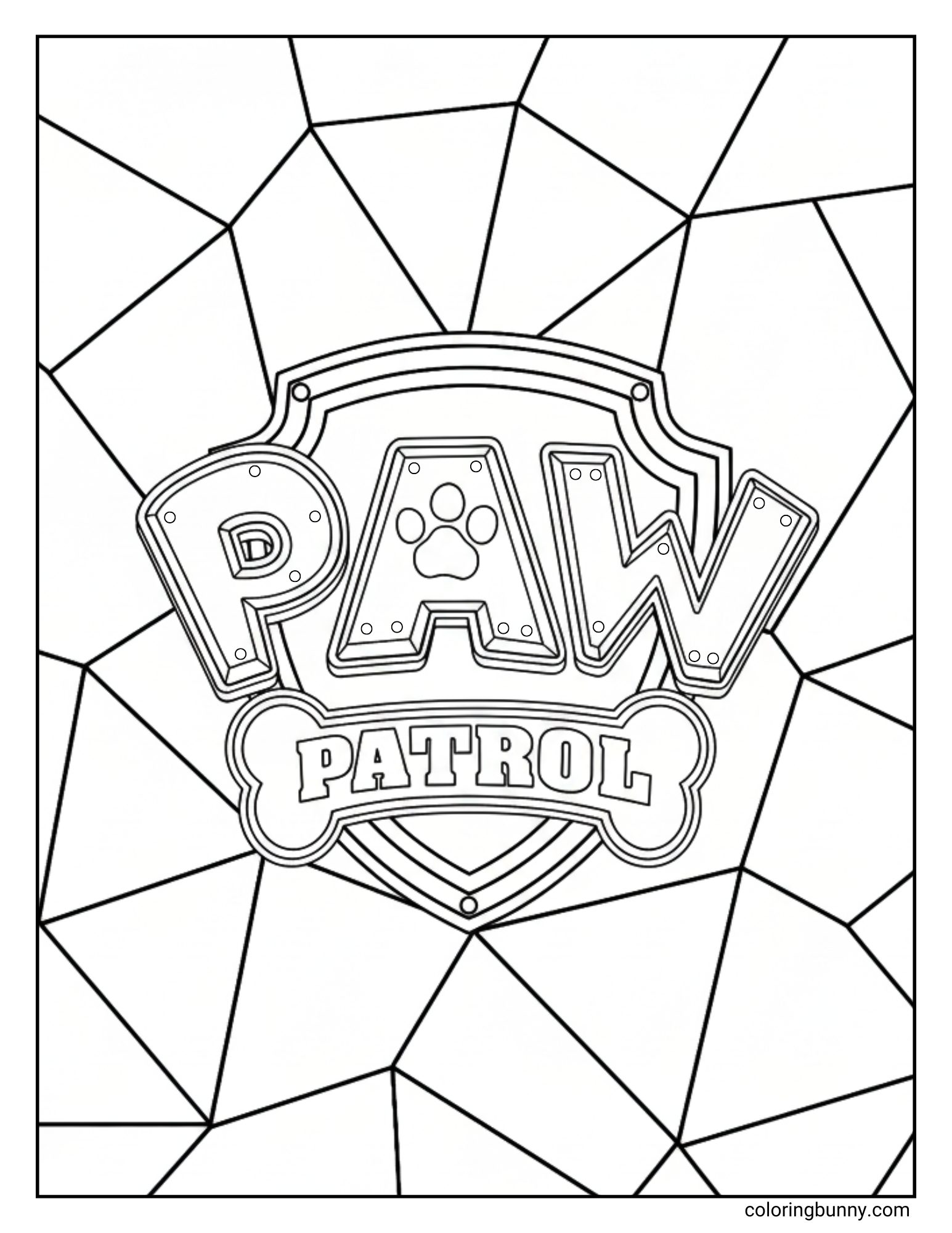A coloring page of the Paw Patrol logo. The shield-shaped badge features the word "PAW" with a paw print in the letter 'A', and the word "PATROL" written on a bone. The background has a geometric pattern.
