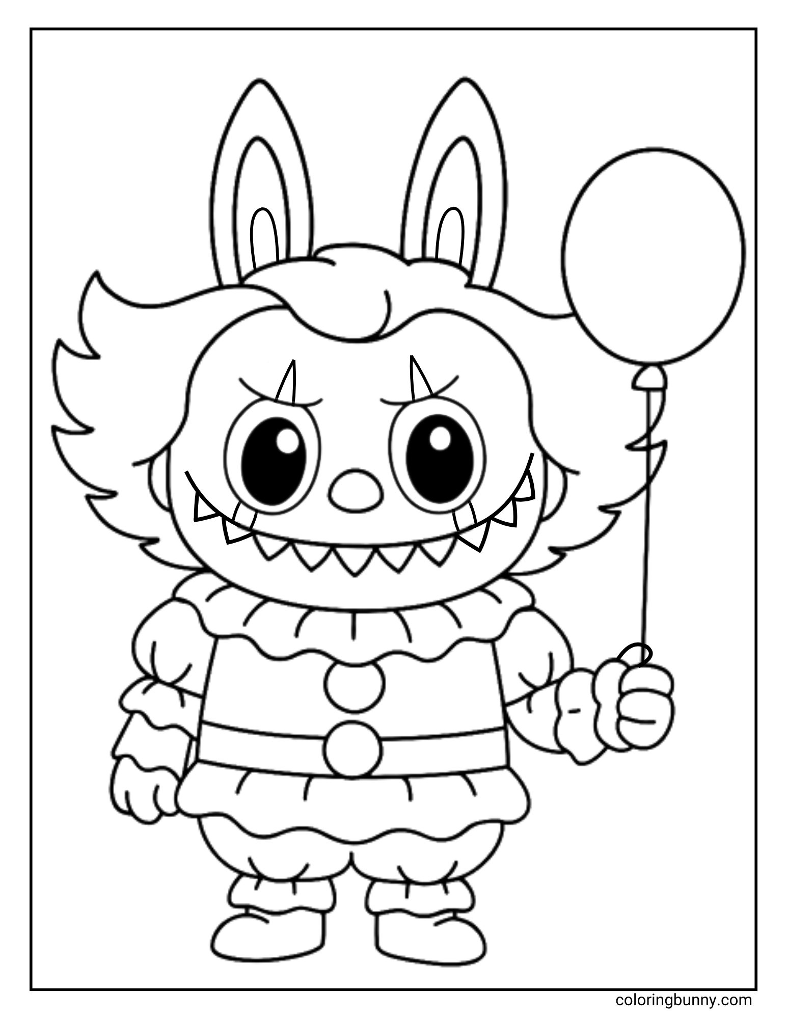 Labubu Halloween coloring page of the monster character Labubu dressed as the clown Pennywise. He is wearing a ruffled collar and holding a single balloon, with a grumpy but cute expression on his face.