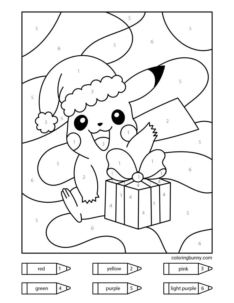 A color-by-number Christmas coloring page featuring Pikachu wearing a Santa hat and holding a big present with a bow, surrounded by a festive background.