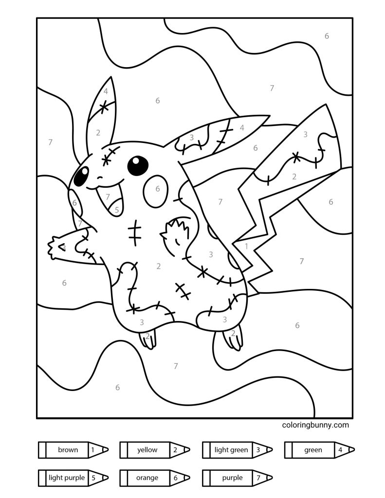 Color-by-numbers Halloween page featuring Pikachu dressed in a stitched-up costume with patchwork details and a cheerful smile, surrounded by wavy background patterns.