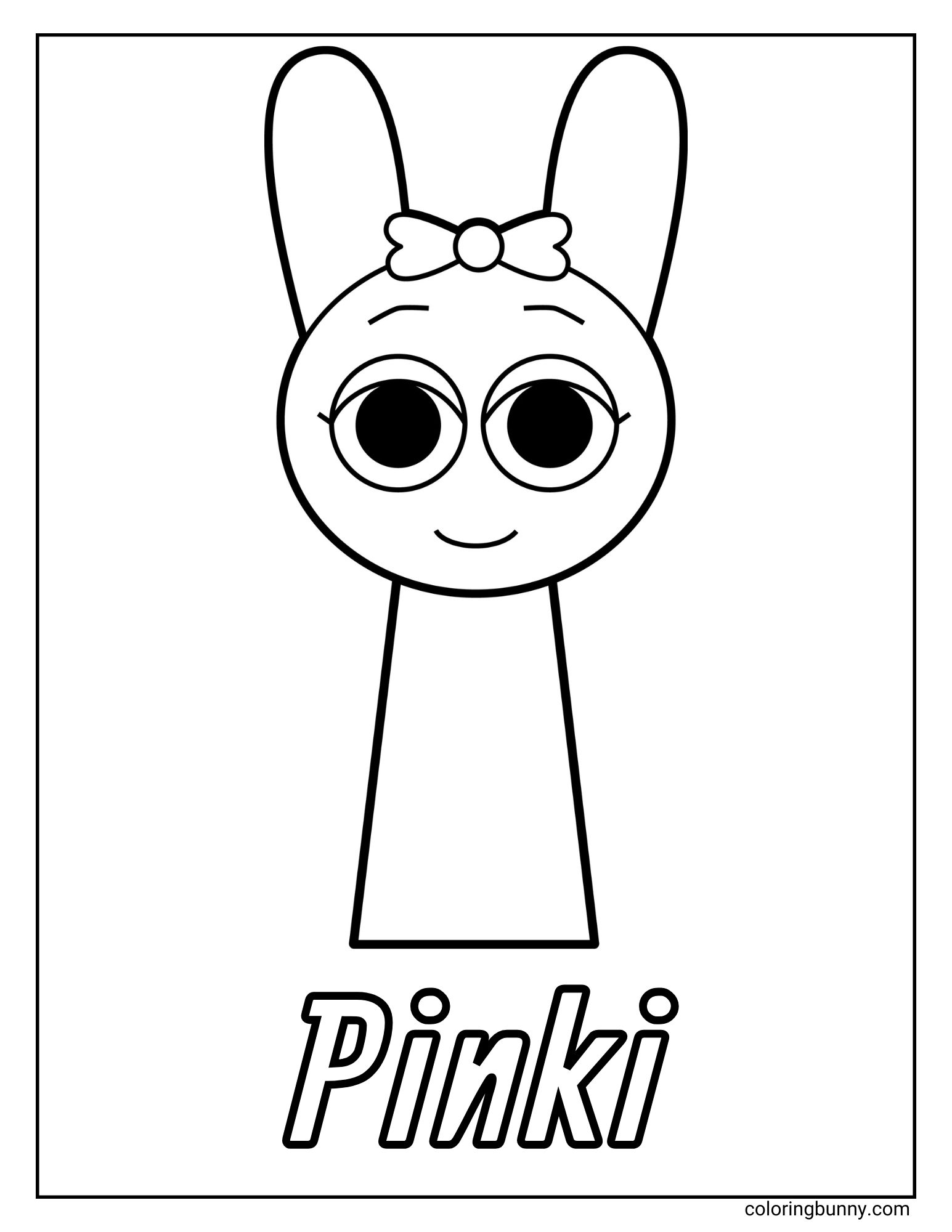 A simple coloring page of the Sprunki character named Pinki. Pinki is a cute cartoon figure who looks like a bunny, with long ears and a small bow on her head. She has large, friendly eyes and a happy smile. Her name is written at the bottom.
