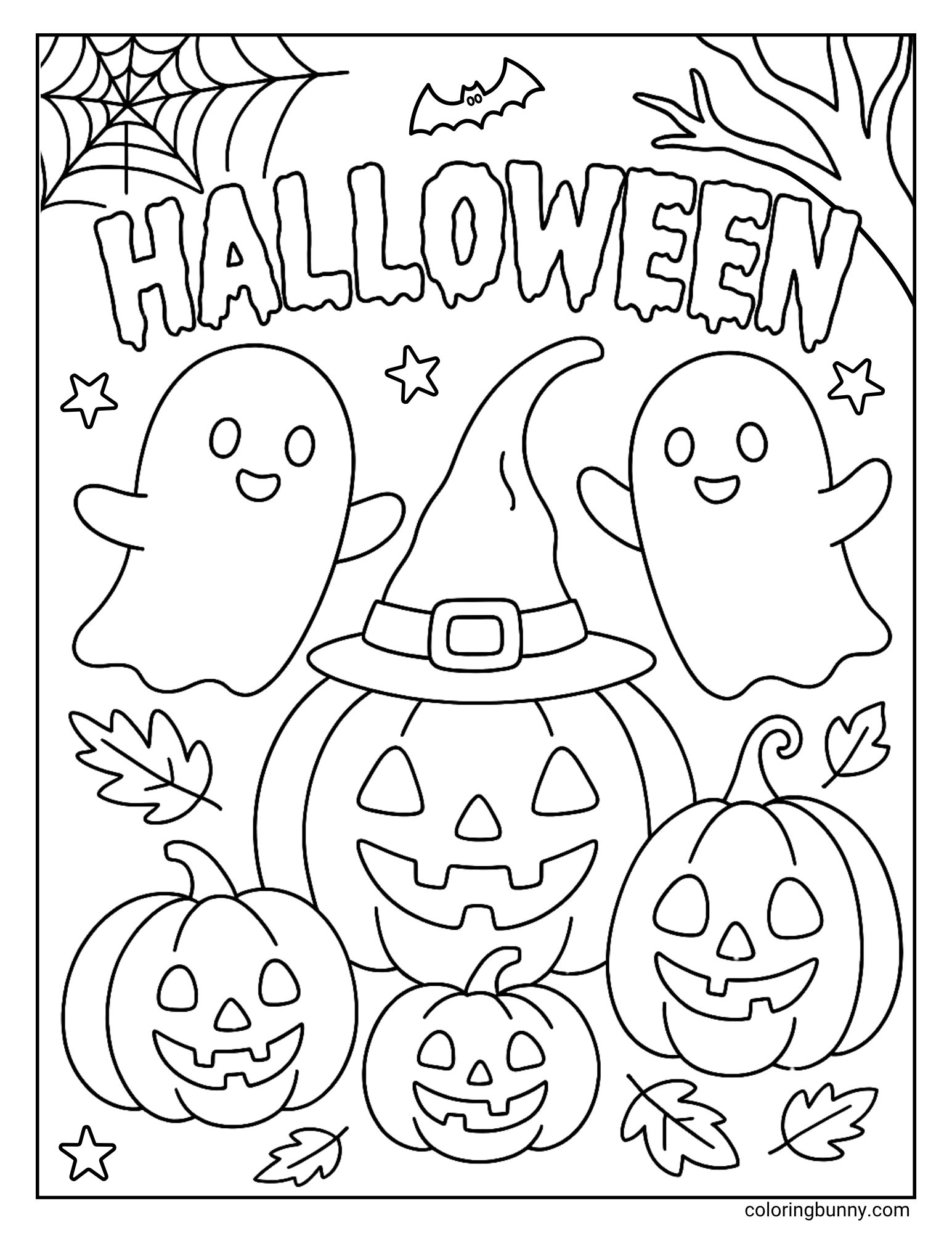 A fun Halloween coloring sheet with the word 'Halloween' in a spooky font at the top. The main character is a large, happy jack-o'-lantern who is wearing a witch's hat. It is surrounded by two friendly ghosts, smaller pumpkins, a spiderweb, and a bat.