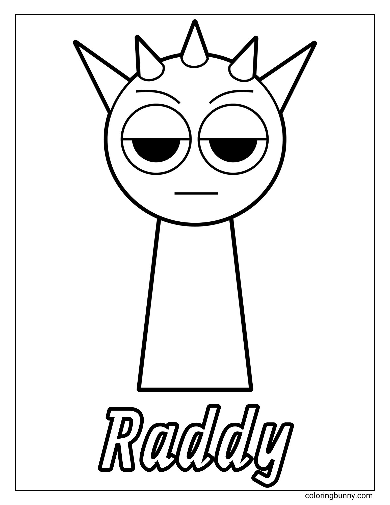 A simple coloring page of the Sprunki character named Raddy. Raddy is a cartoon figure with spiky hair and a very sleepy, bored, or unimpressed look on his face. His name is written in large letters at the bottom.