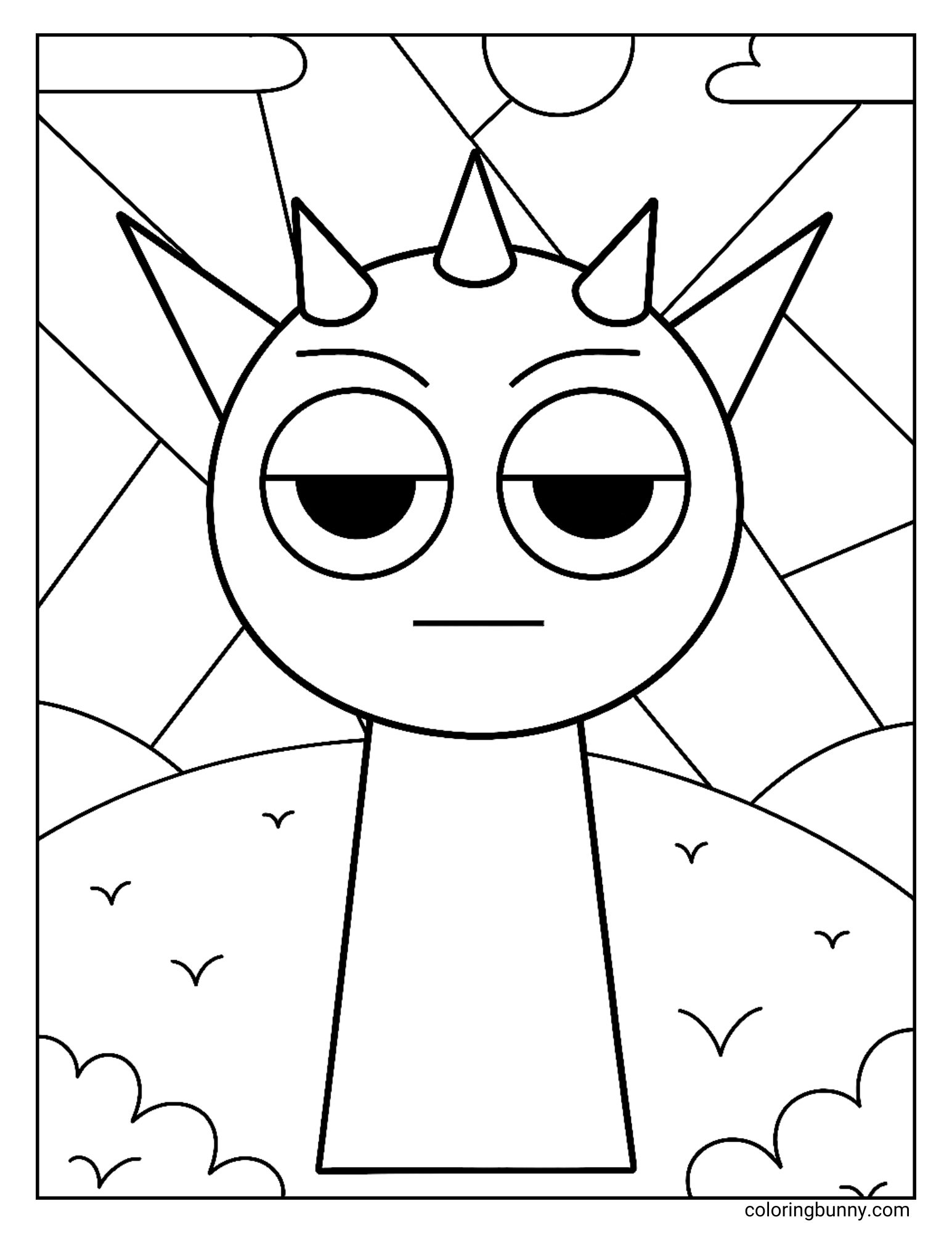 A simple Sprunki coloring page showing Raddy with spiky points around his head standing in a hilly landscape with the sun clouds and birds in the background.