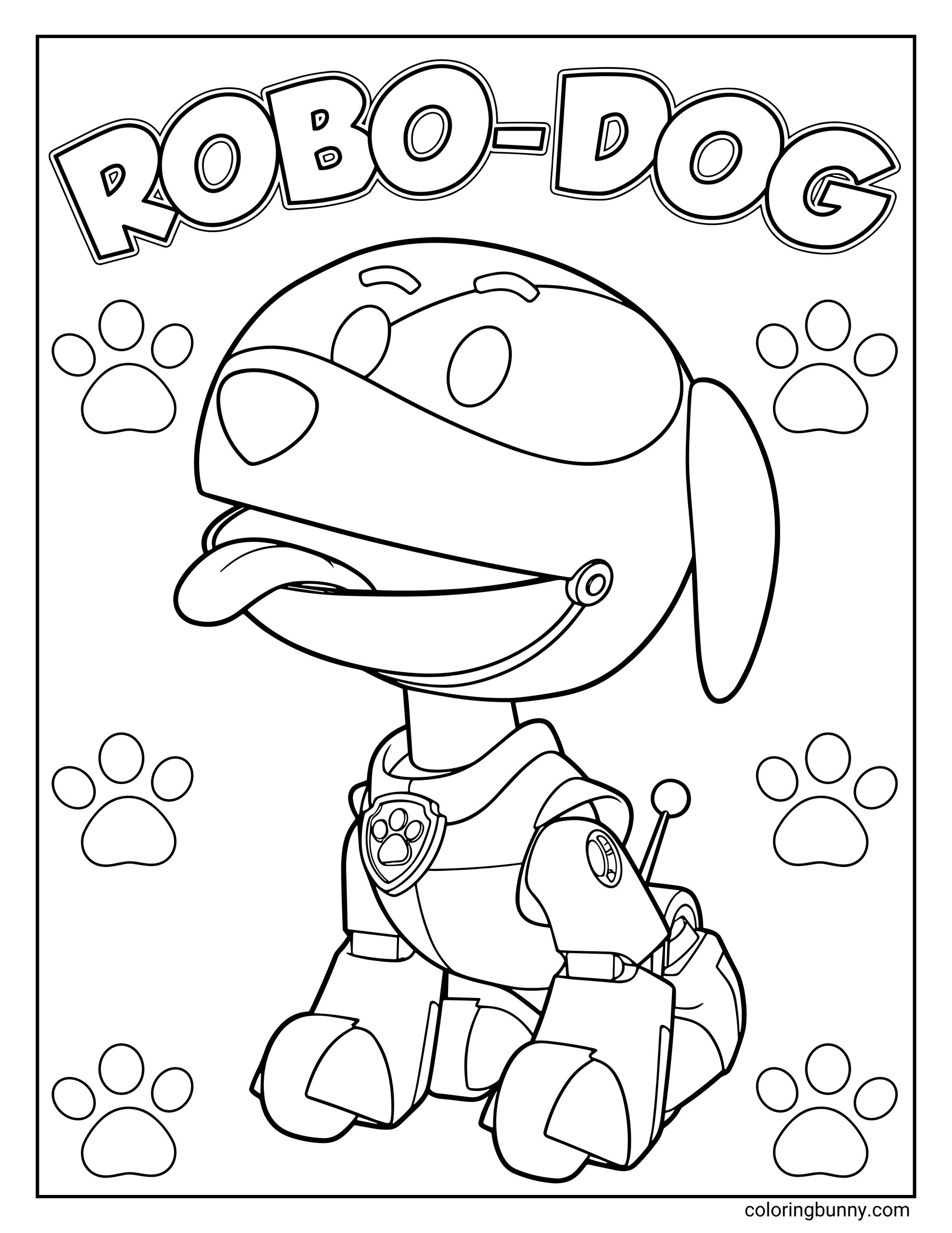 A Paw Patrol coloring page of Robo-Dog, the robotic pup, sitting happily with his tongue out and surrounded by paw prints.