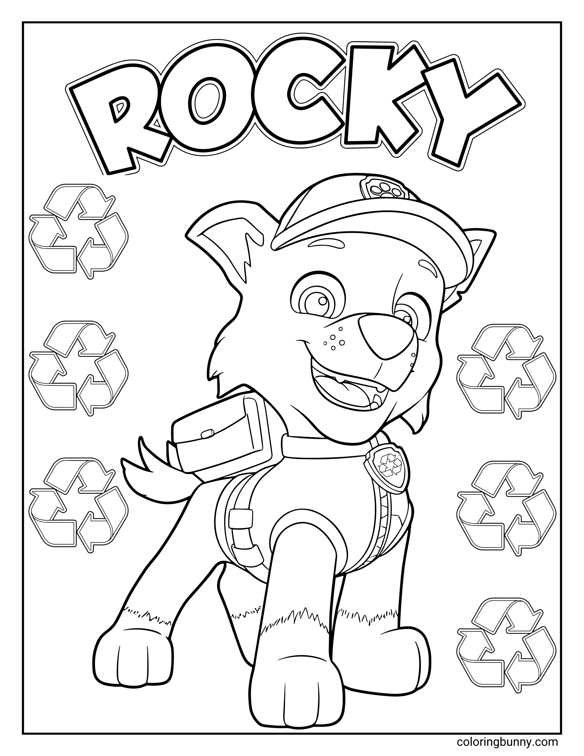 Coloring page of Rocky from Paw Patrol wearing his green recycling uniform and cap, surrounded by recycling symbols and his name in bold letters at the top.
