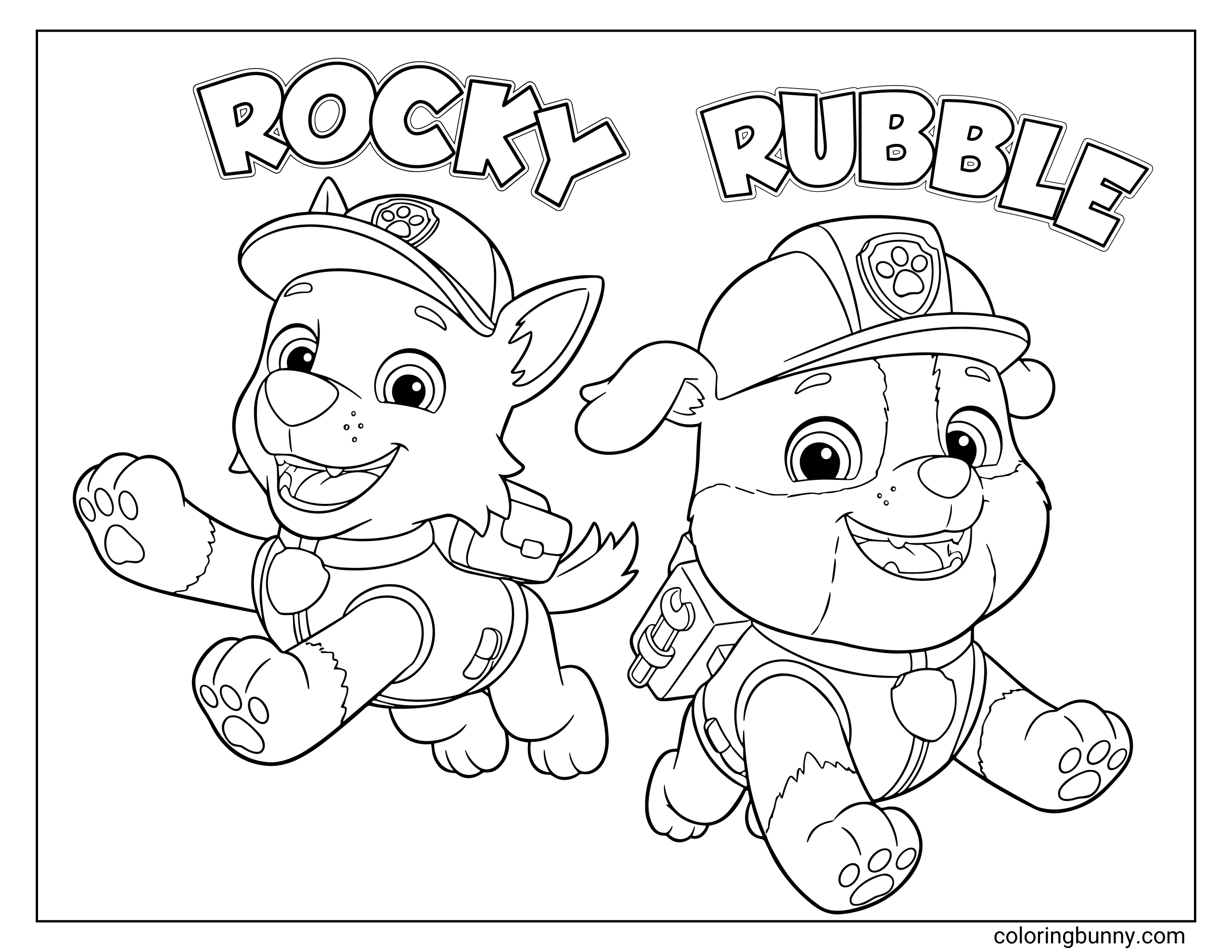 A Paw Patrol coloring page featuring Rocky and Rubble jumping with excitement. Rocky wears his green recycling pup gear and cap, while Rubble sports his yellow construction uniform and helmet. Their names, “Rocky” and “Rubble,” are written above them in bold letters.
