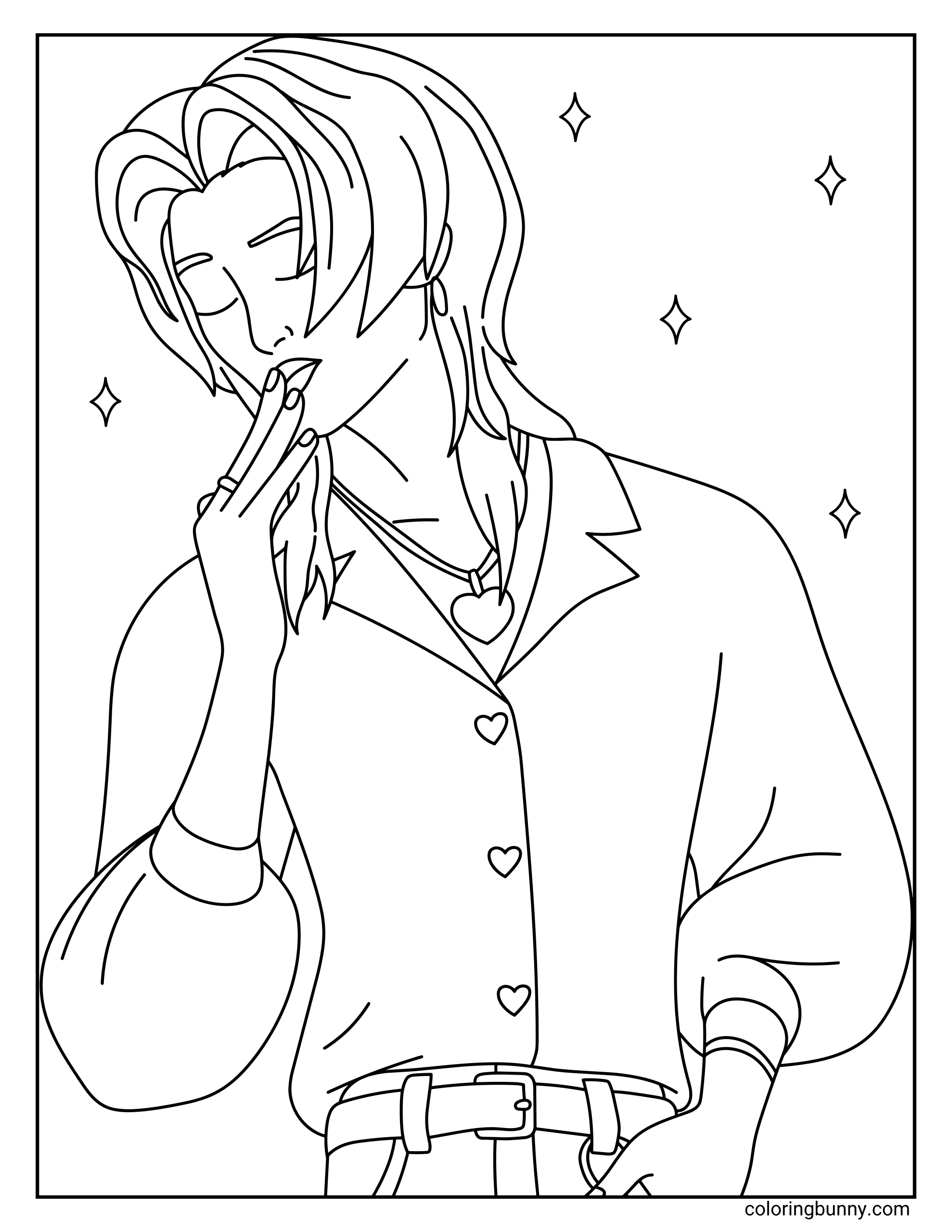 Coloring page of Romance from KPop: Demon Hunters, posing gracefully with eyes closed and fingers near his lips, wearing a heart-button shirt, jewelry, and a necklace with a heart pendant.