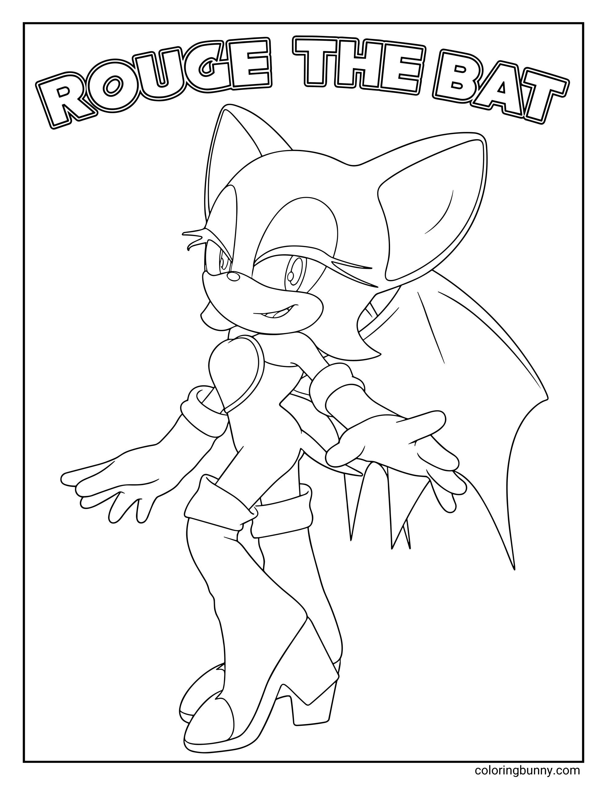 A coloring page of Rouge the Bat striking a confident pose with her wings spread and hands out. The words “Rouge the Bat” curve above her in bold letters.