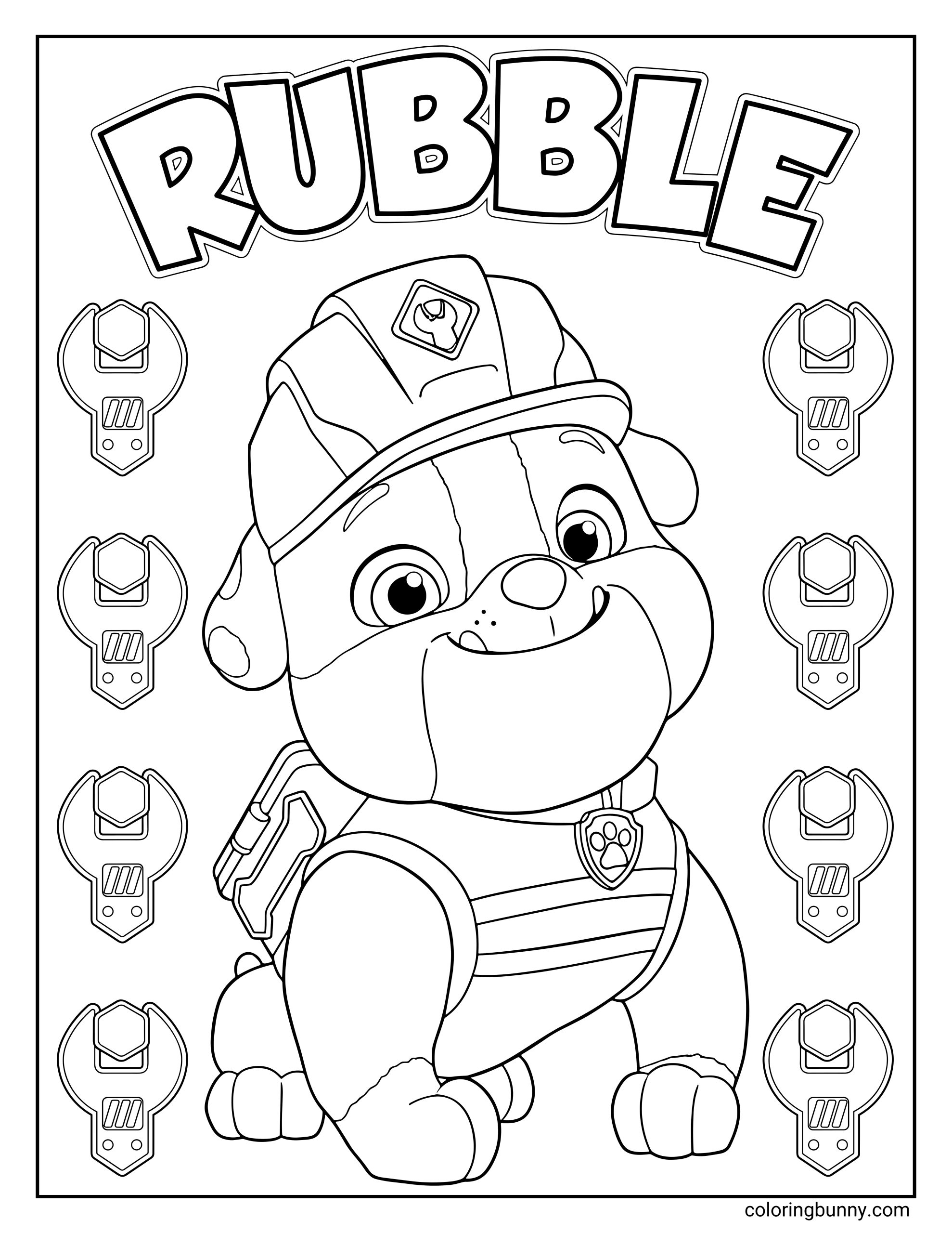 Coloring page of Rubble from Paw Patrol smiling in his construction uniform and helmet, surrounded by wrench symbols and his name in big bold letters at the top.