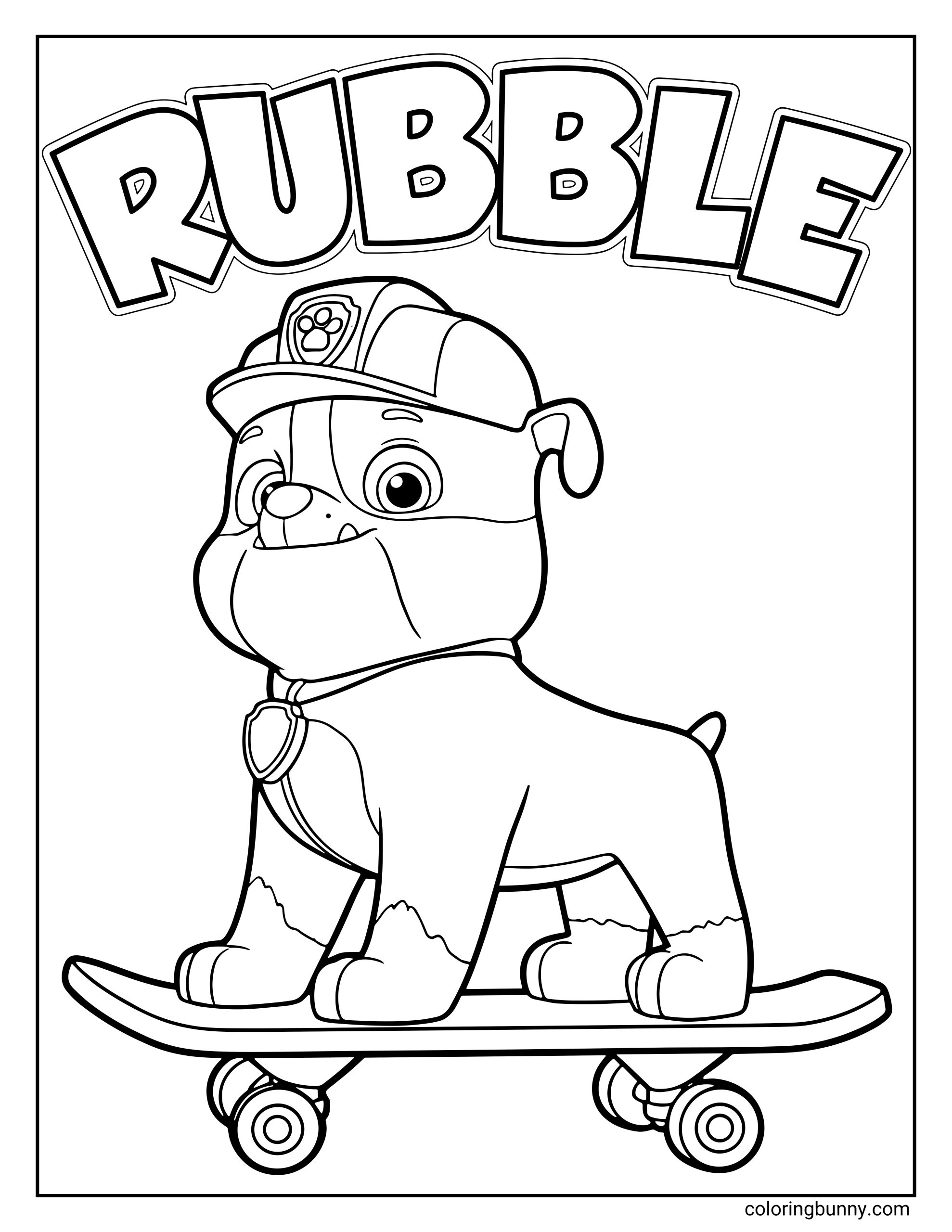 A Paw Patrol coloring page featuring Rubble, the bulldog construction pup, riding a skateboard confidently. He’s wearing his construction helmet and badge with the word “Rubble” written above in bold letters.