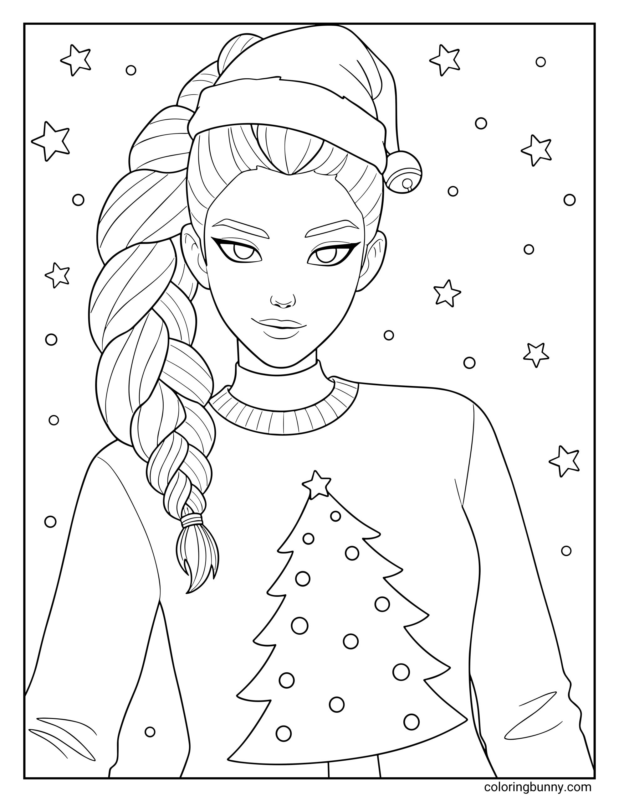 A Christmas coloring page of Rumi from KPop Demon Hunters wearing a Santa hat and a cozy Christmas jumper with a tree design, standing confidently among stars and falling snowflakes.