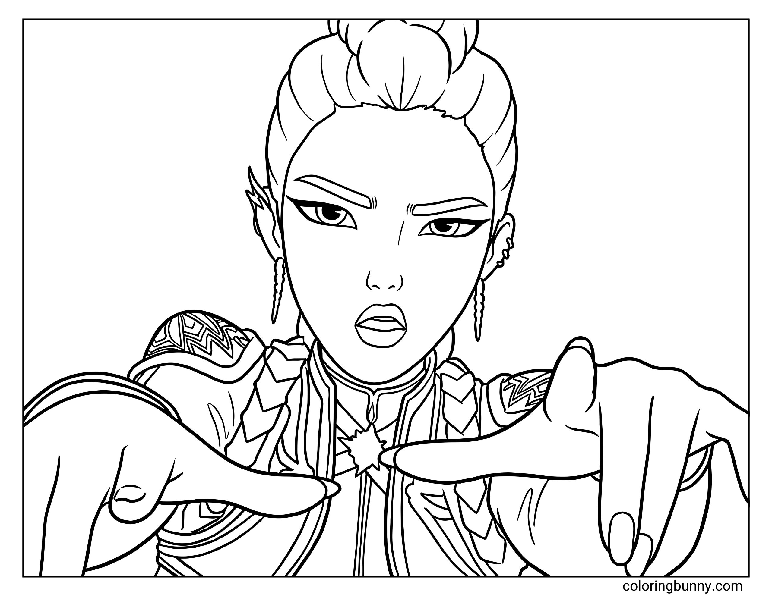 A Rumi KPop Demon Hunters coloring page where Rumi leans forward with a fierce expression, hands pointing toward the viewer as if in mid-dance pose. She wears detailed armor-styled clothing, braided hair, and bold accessories.