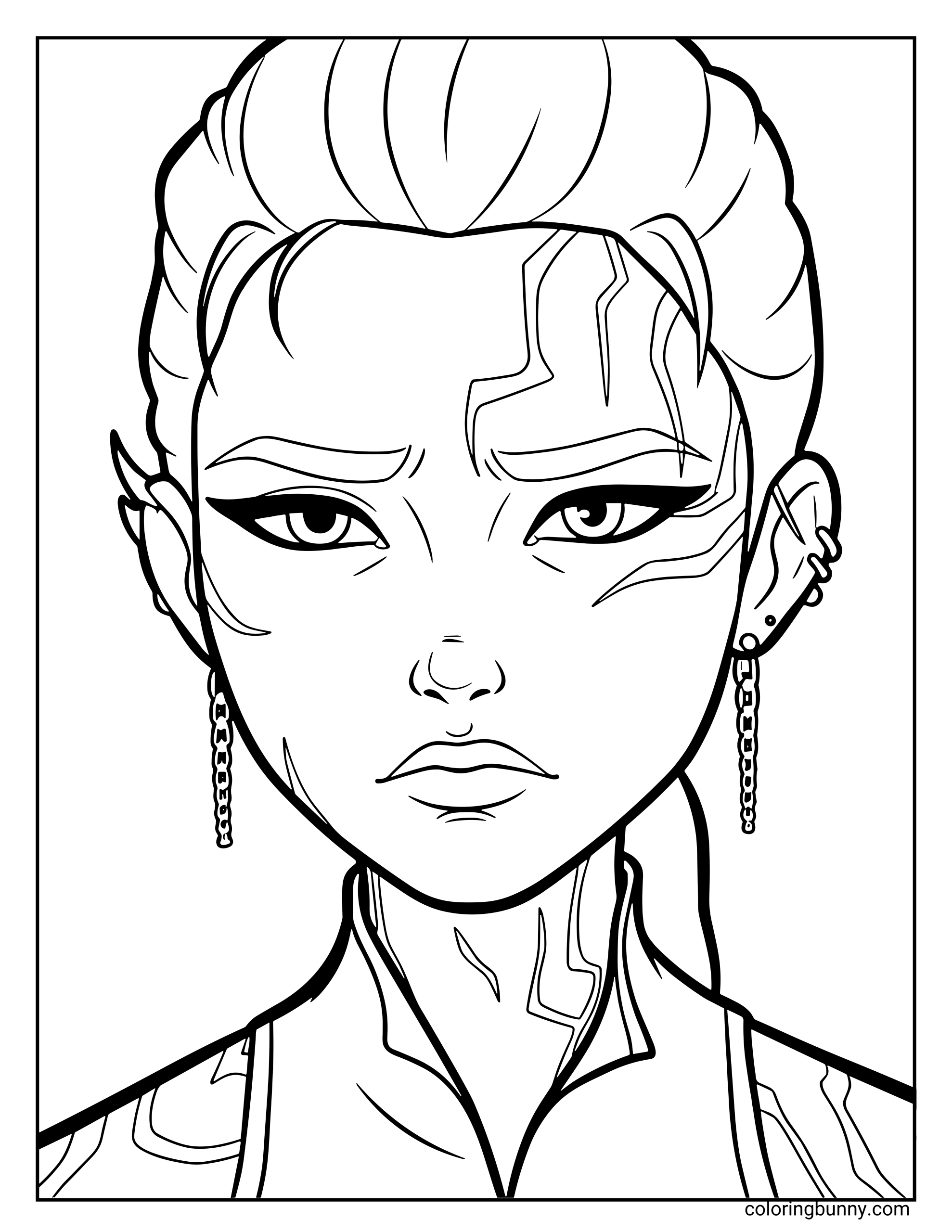 Coloring page of Rumi from KPop: Demon Hunters with her markings glowing across her face and neck, her expression calm but intense as she channels her inner power.