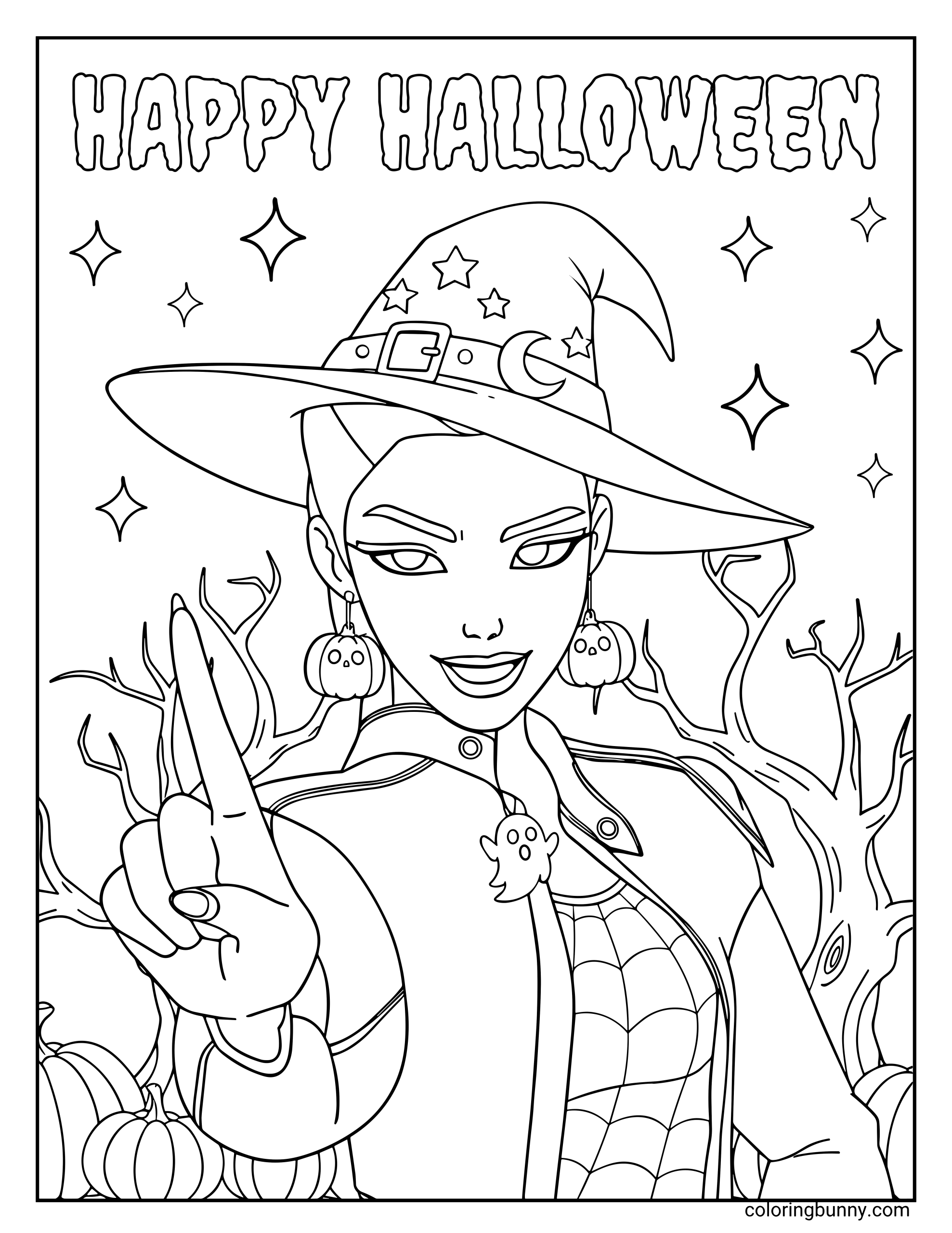 Coloring page of Rumi from KPop: Demon Hunters dressed as a witch for Halloween, wearing a starry hat with a moon buckle, pumpkin earrings, and a confident smile with pumpkins and spooky trees in the background.
