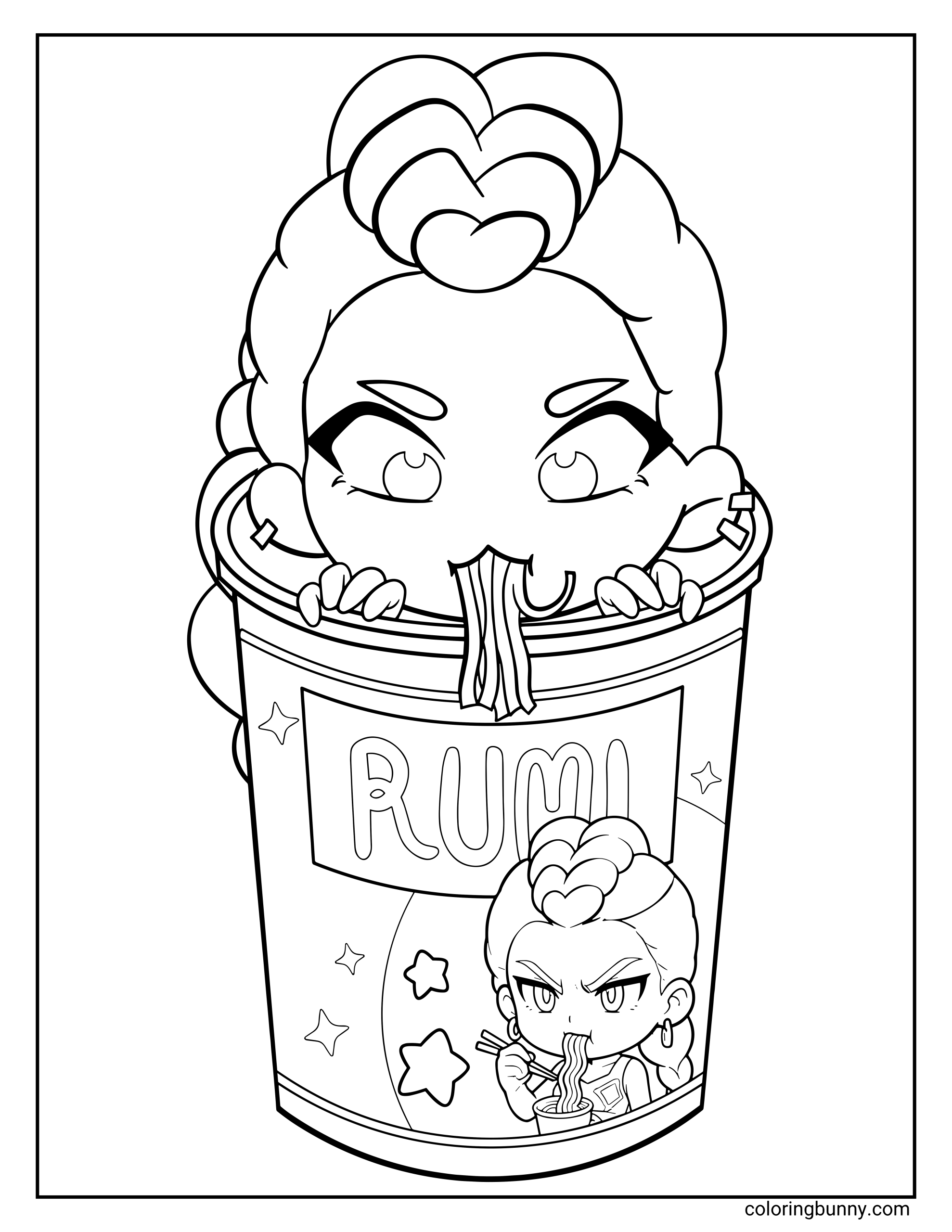 Cute chibi-style coloring page of Rumi from KPop: Demon Hunters, peeking out of a ramen cup labeled “RUMI” while slurping noodles, with stars and a mini Rumi illustration on the cup.