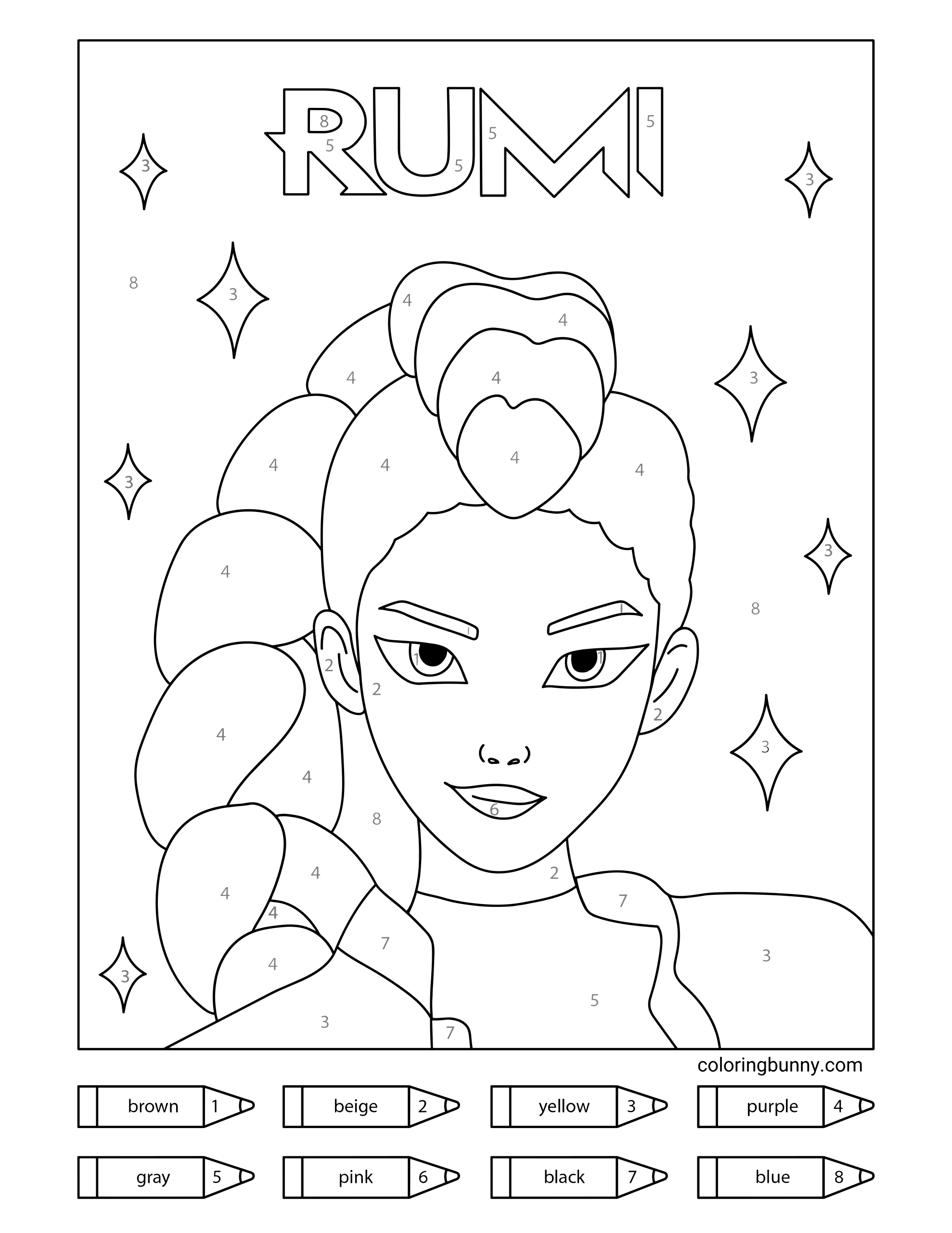 Rumi coloring page from KPop Demon Hunters, featuring a color-by-number design. She has a confident expression, long braided hair, and sparkly background stars, with numbered color sections and a matching palette guide at the bottom.