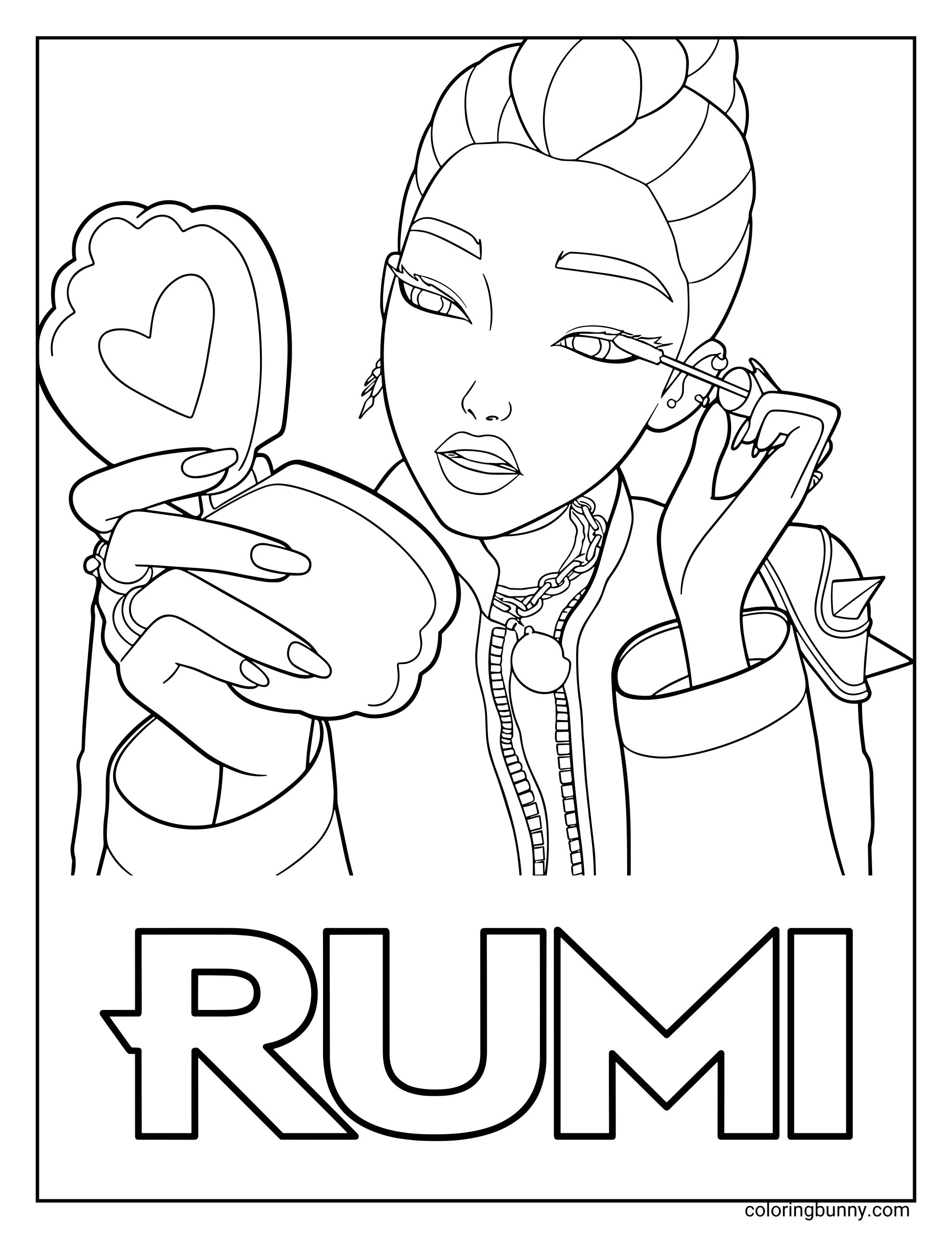 Coloring page of Rumi from KPop: Demon Hunters, applying mascara while holding a heart-shaped mirror, wearing her stylish jacket and accessories, with her name “RUMI” written below.