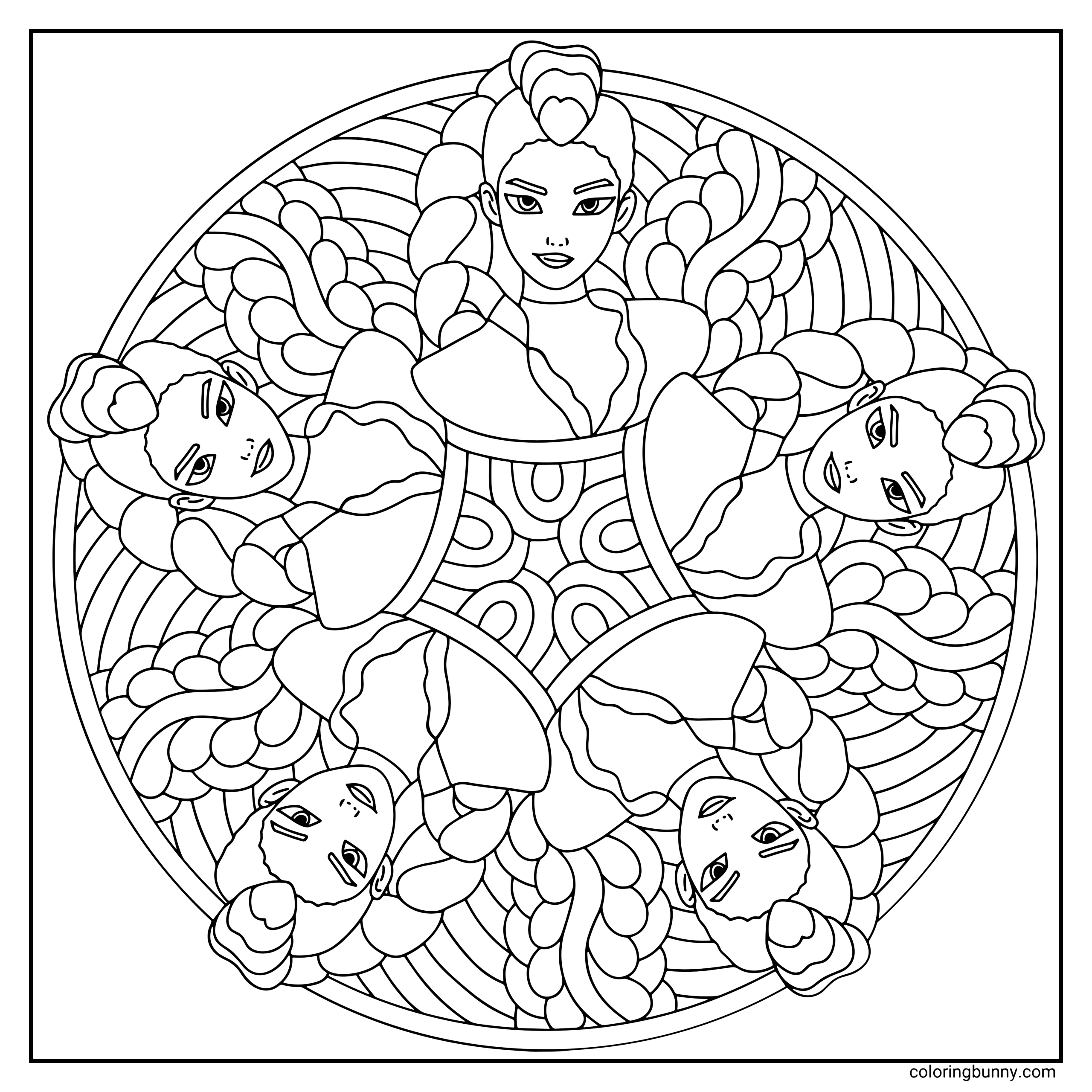 A KPop Demon Hunters mandala coloring page featuring five symmetrical portraits of Rumi. Each portrait is framed by flowing braids that blend into intricate, circular mandala patterns. The design is filled with dynamic lines and rounded shapes, creating a balanced composition.