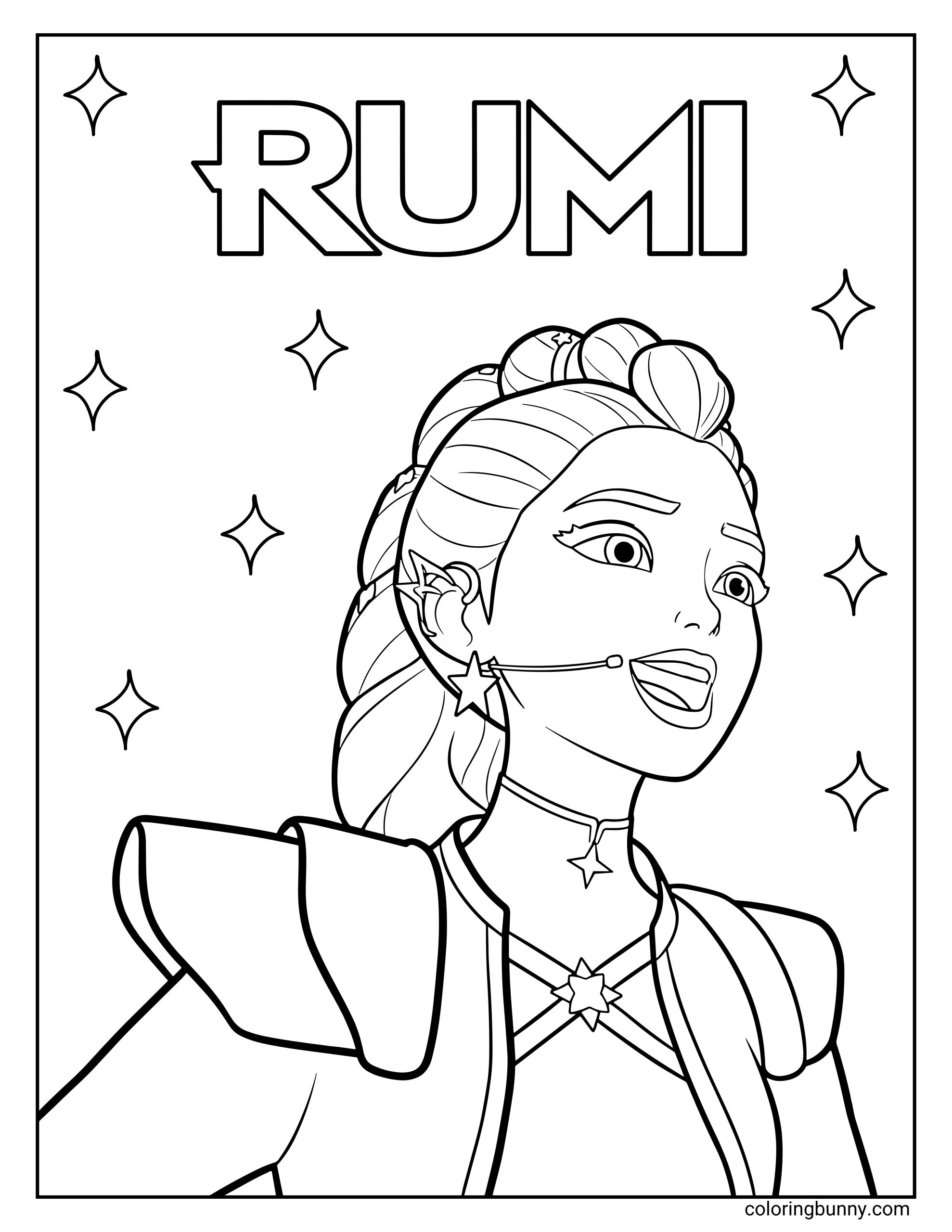 Coloring page of Rumi from KPop: Demon Hunters, singing passionately on stage with a headset mic, wearing star-themed accessories and shoulder armor, with her name “RUMI” and sparkles in the background.