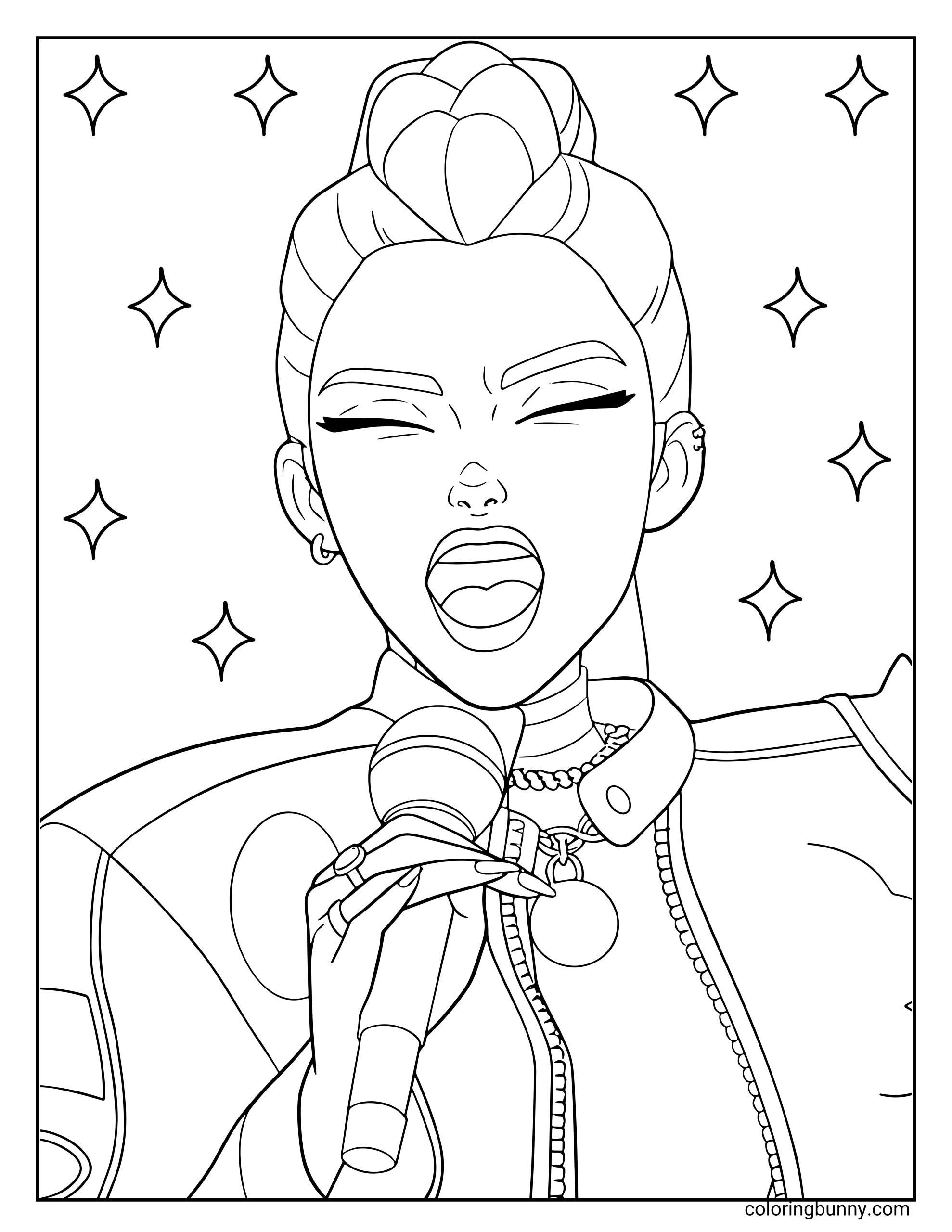 Coloring page of Rumi from KPop: Demon Hunters passionately singing into a microphone, with sparkling stars in the background and her hair styled in her signature high braid bun.
