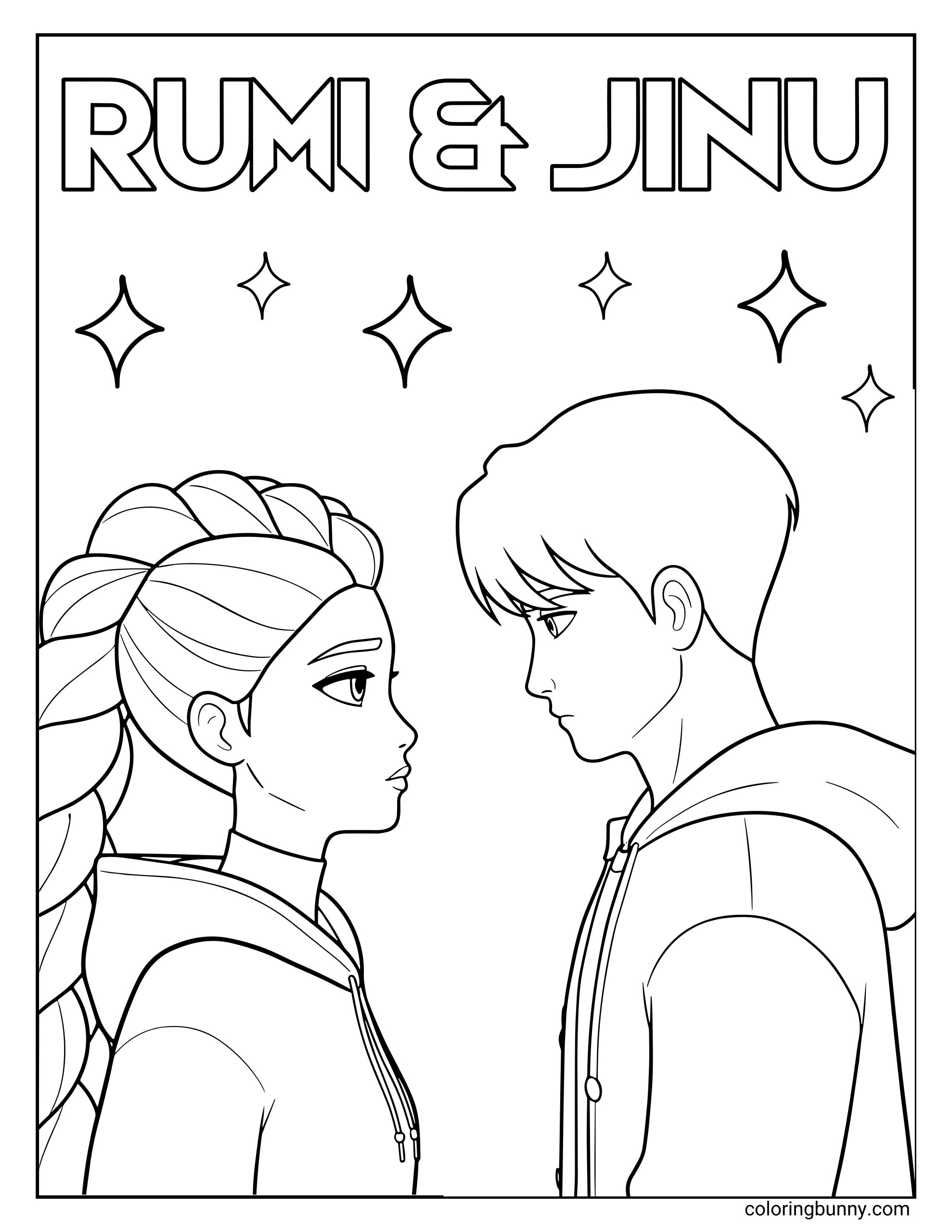 Coloring page of Rumi and Jinu from KPop: Demon Hunters, standing face-to-face in matching hoodies, gazing at each other with a calm and thoughtful expression. The title “RUMI & JINU” appears above them with sparkles.