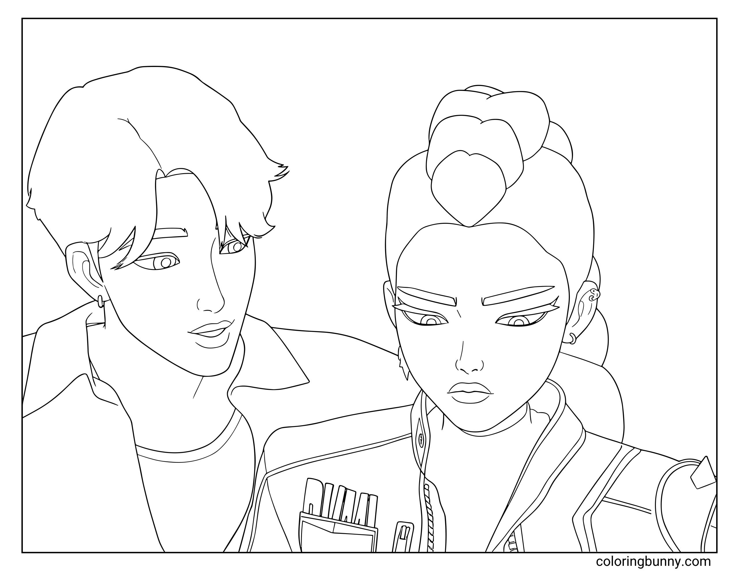 Coloring page of Rumi and Jinu from KPop: Demon Hunters, showing Jinu leaning toward Rumi as she looks down in concentration, both dressed in their stylish outfits.