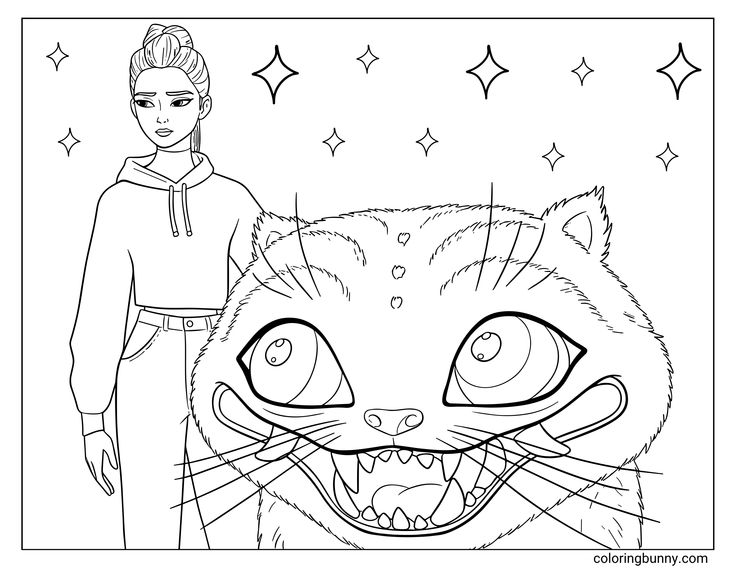 Coloring page of Rumi from KPop: Demon Hunters standing beside her magical companion Derpy, a large, wide-eyed tiger spirit with a playful expression and sparkles in the background.