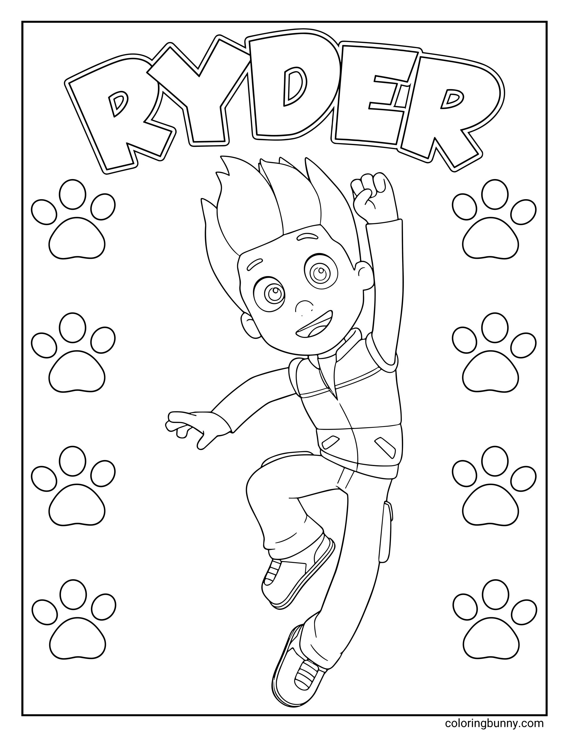 A Paw Patrol coloring page of Ryder, the energetic young leader of the pups, jumping with excitement and surrounded by paw prints.