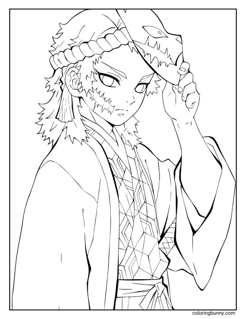 This coloring page features Sabito from Demon Slayer: Kimetsu no Yaiba, holding his signature fox mask slightly raised above his face. He wears a traditional patterned kimono and a serious, focused expression, with his distinctive facial scars clearly visible. The artwork captures Sabito’s calm strength and mysterious presence in clean, detailed line art.