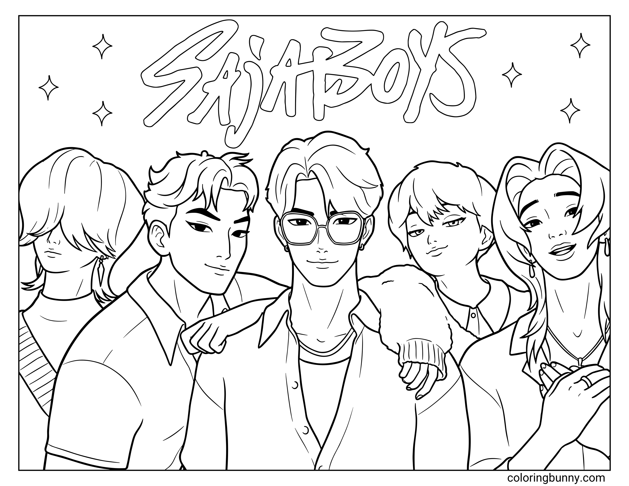 Coloring page of the Saja Boys from KPop: Demon Hunters, featuring all five members - Mystery, Jinu, Abs, Baby, and Romance - posing together under the “Saja Boys” logo with stars in the background.