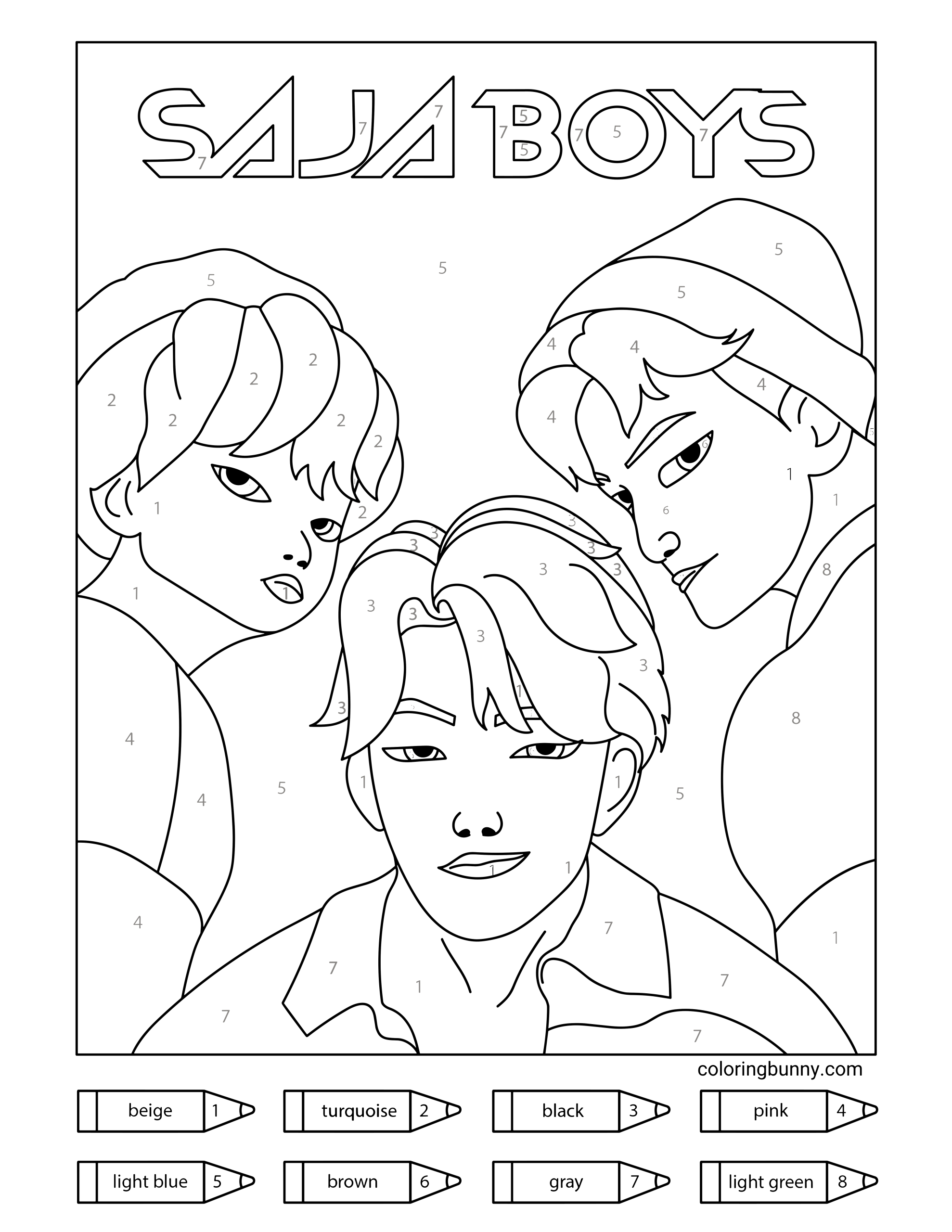 Saja Boys KPop Demon Hunters color-by-number coloring page featuring Baby, Jinu and Abby under the “Saja Boys” logo. Each member has distinct hair and outfit styles, with a numbered color guide below including turquoise, light blue, and gray tones.