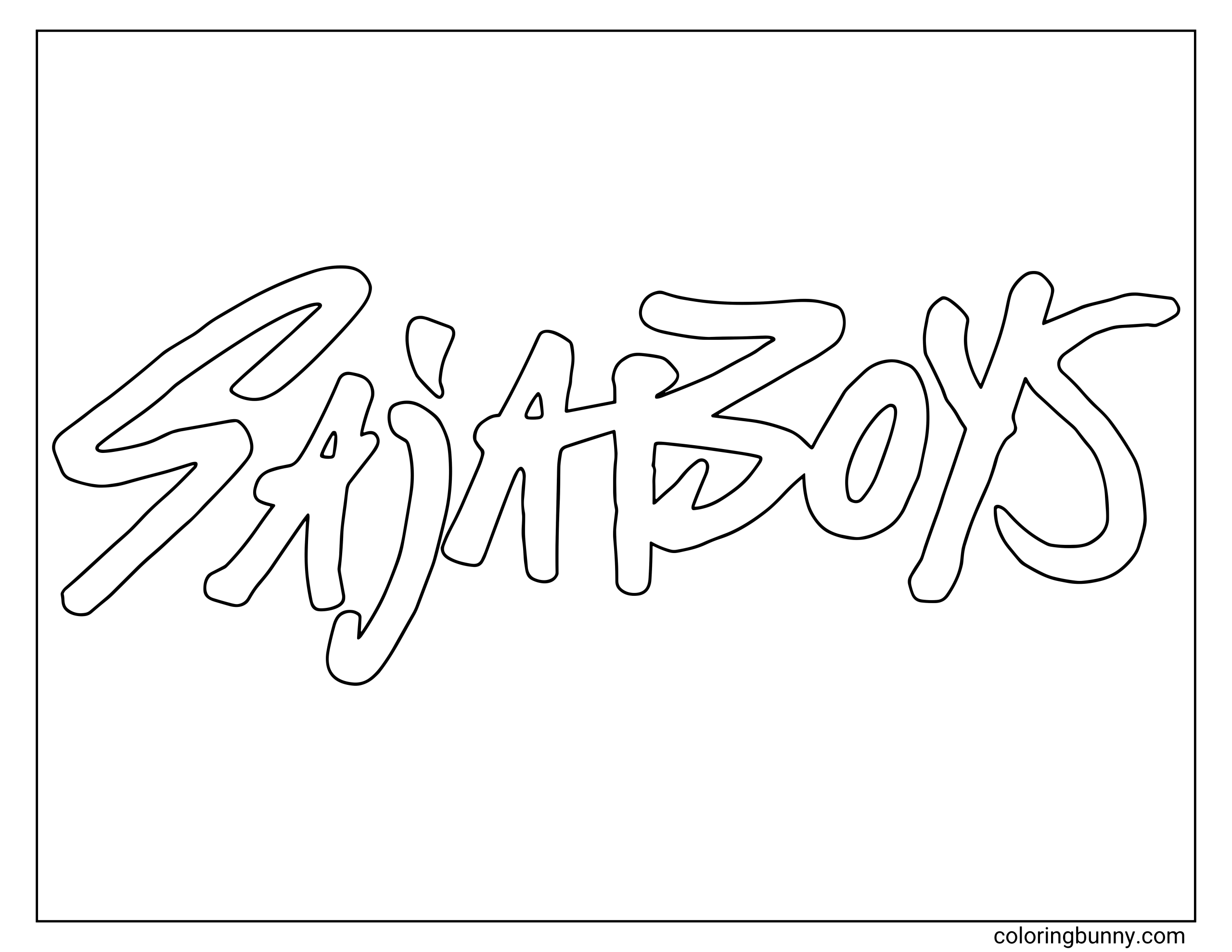 Coloring page featuring the Saja Boys logo from KPop: Demon Hunters, written in a bold, graffiti-style font across the center of the page.