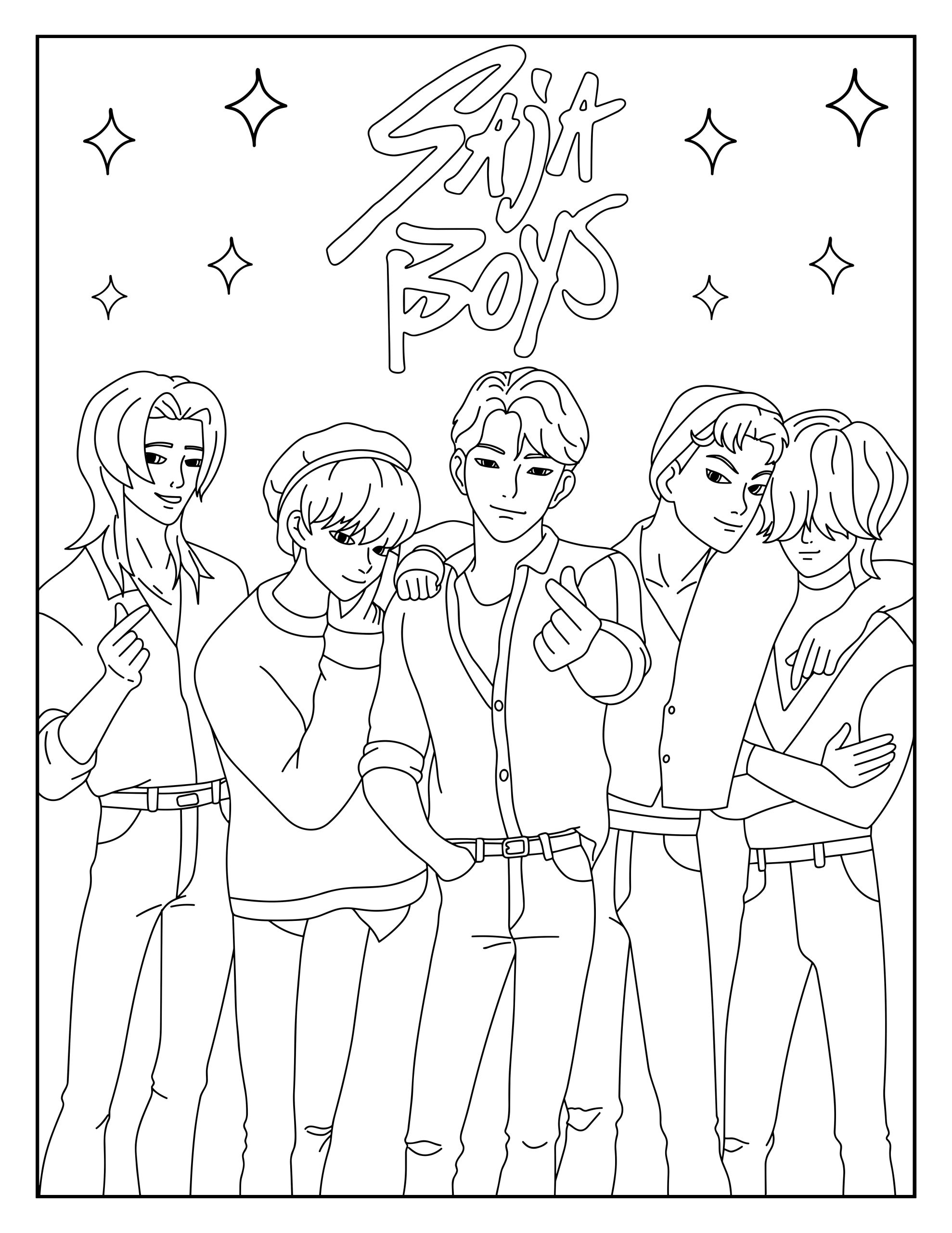 A Saja Boys coloring page from KPop Demon Hunters featuring five members posing together under their logo, surrounded by sparkles. Each member shows off their own stylish look and confident pose.