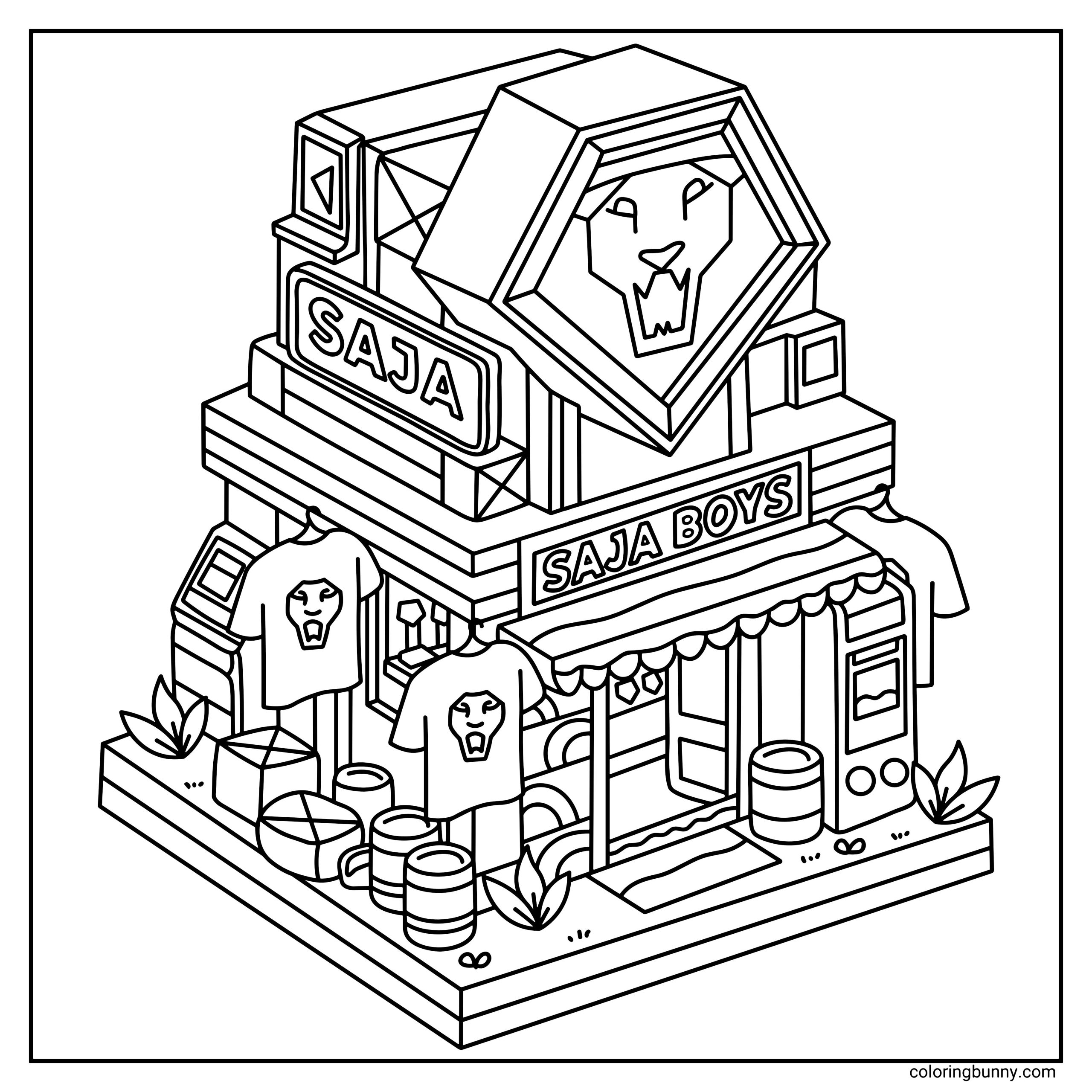 A hand-drawn Saja Boys KPop Demon Hunters cozy corner coloring page featuring a playful T-shirt merch shop. Complete with stacked signage, a bold Saja logo, striped awning, hanging T-shirts, barrels, mugs, and small plants, creating a charming, street-corner store packed with character and detail.