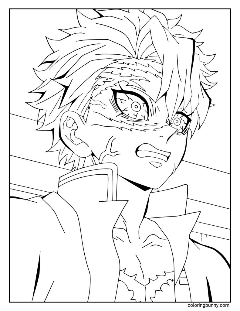 Line art of Sanemi Shinazugawa from Demon Slayer, shown with a fierce expression as he stands indoors, veins and scars visible across his face and chest. His wild hair and intense eyes capture his fiery, battle-ready energy.