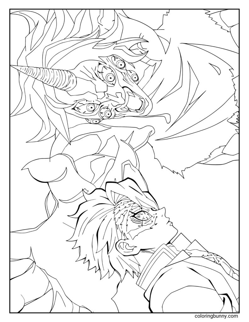 Scene from Demon Slayer: Kimetsu no Yaiba – Infinity Castle showing Sanemi Shinazugawa, the Wind Hashira, confronting Kokushibo, the Upper Rank One demon. Sanemi stands with fierce determination as Kokushibo looms over him with his horn, six eyes, and menacing expression, set against the fiery, distorted background of the Infinity Castle.