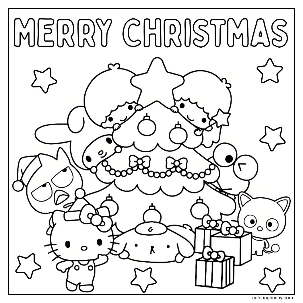 A Hello Kitty Christmas coloring with her and her Sanrio friends gathered around a Christmas tree. Hello Kitty, Badtz-Maru, Keroppi, Cinnamoroll, Chococat, and the Little Twin Stars are all present.