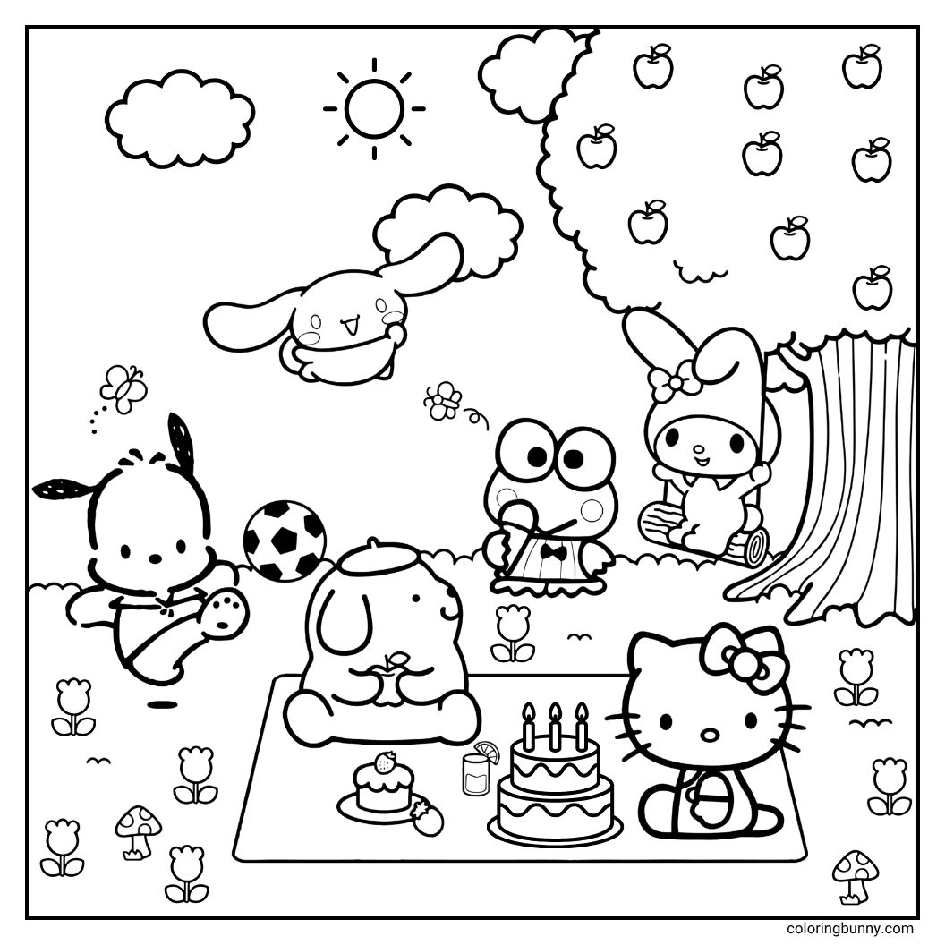 A coloring page of Sanrio characters having a birthday picnic. Hello Kitty sits by a birthday cake, Pompompurin eats a cupcake, Pochacco plays with a ball, Keroppi plays a keyboard, My Melody sits by a tree, and Cinnamoroll flies in the sunny sky.