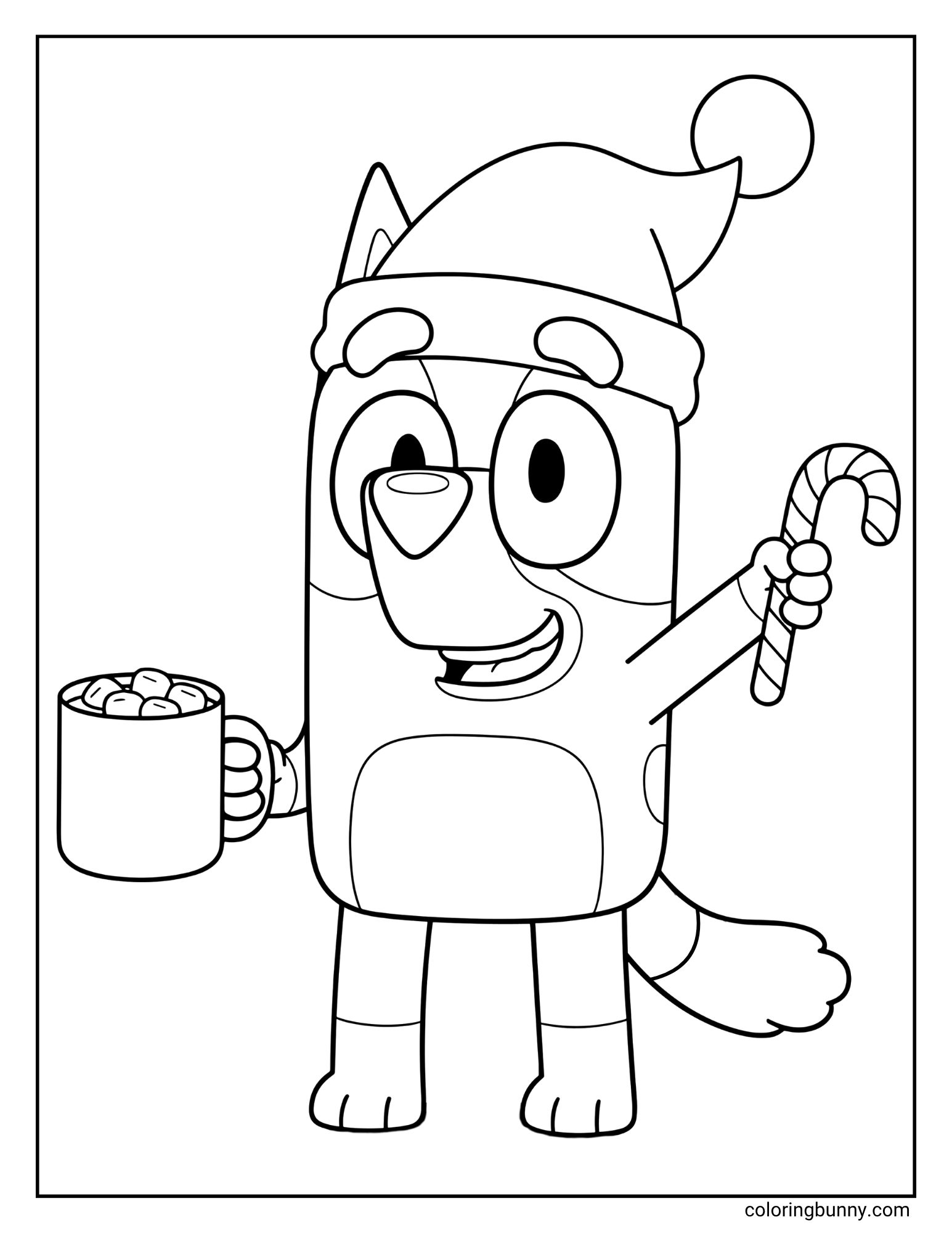 A Bluey Christmas coloring page featuring the character Bluey. She is wearing a Santa hat and holding a mug of hot cocoa and a candy cane.