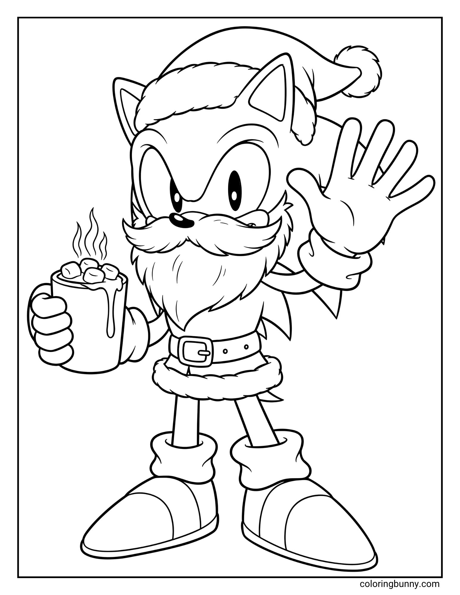 A black and white coloring page featuring Sonic the Hedgehog dressed as Santa Claus. He is wearing a Santa hat and a fake beard, waving with one hand, and holding a mug of hot cocoa with the other.