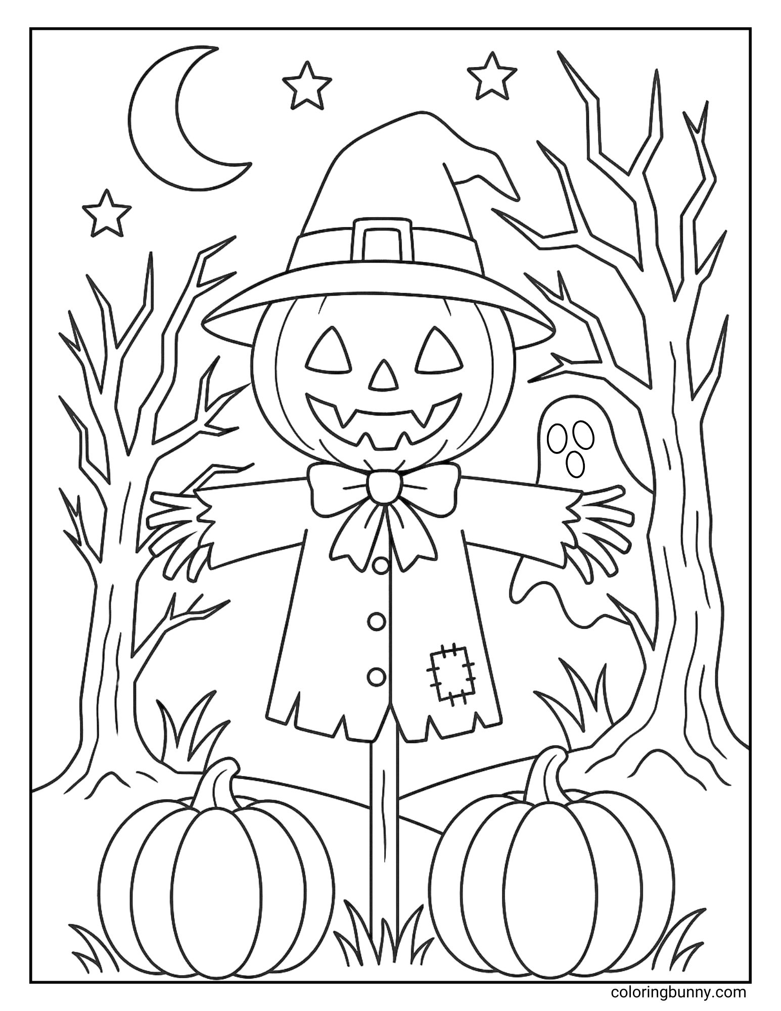 A spooky but fun Halloween coloring sheet of a scarecrow with a jack-o'-lantern head. The scarecrow is standing in a forest at night, surrounded by spooky trees and pumpkins, while a friendly ghost peeks out from behind him under a crescent moon.