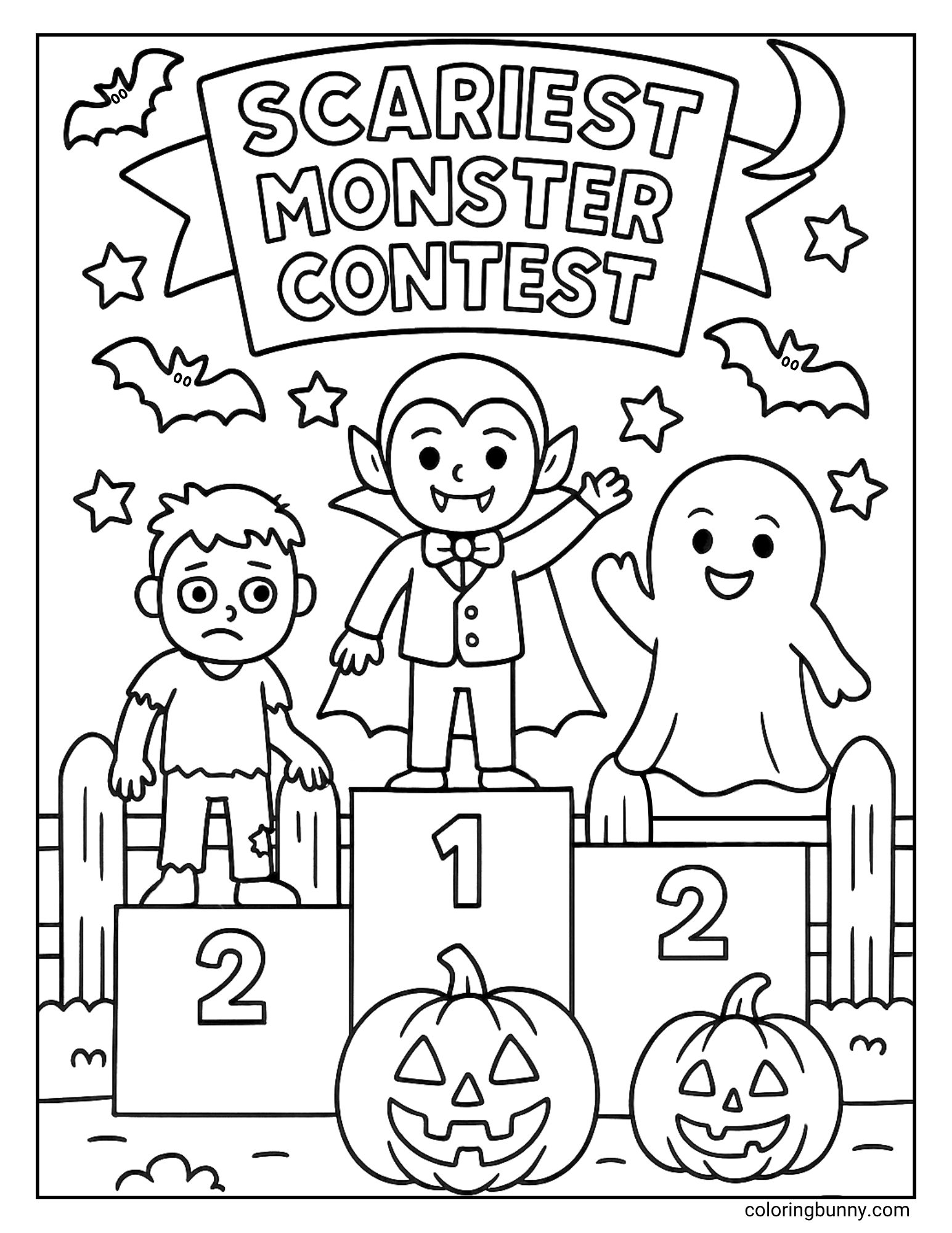 A fun coloring page of a 'Scariest Monster Contest' awards ceremony. A proud vampire stands on the first-place podium, while a sad-looking zombie and a happy ghost share second place. The scene is decorated with jack-o'-lanterns, with bats flying in the night sky.