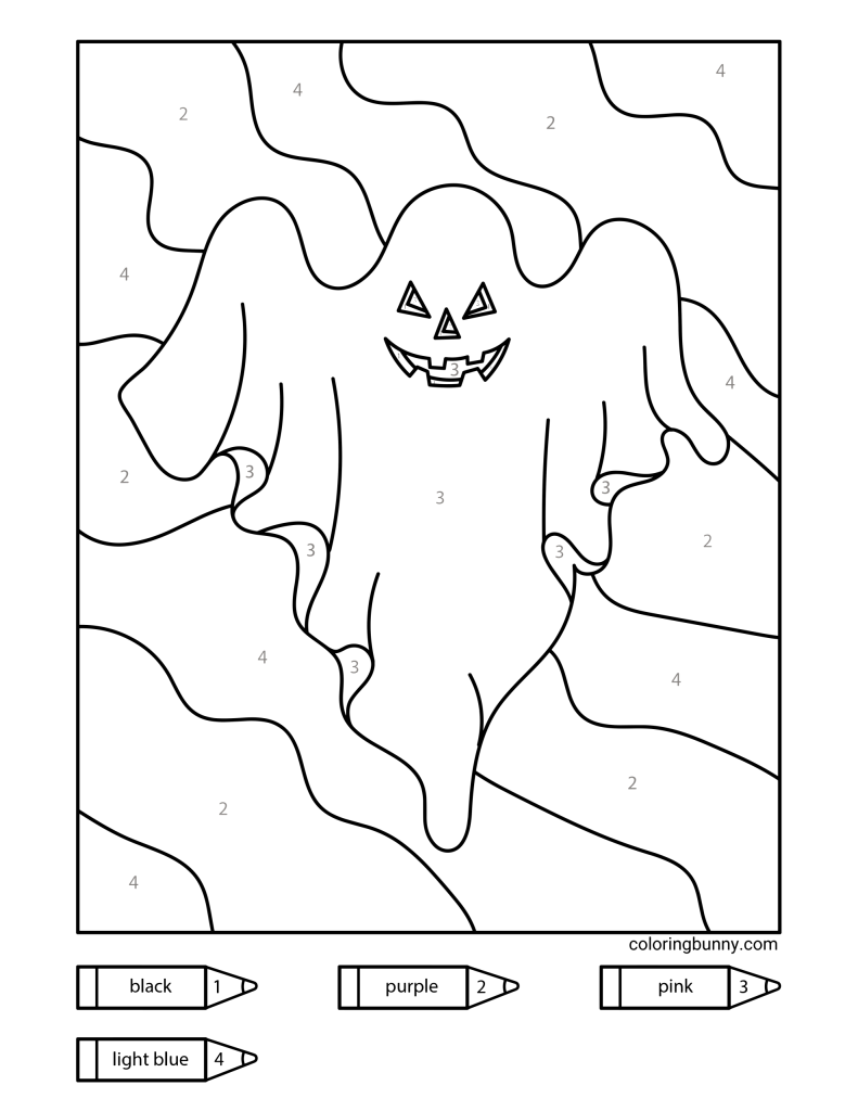Color-by-numbers page of a spooky Halloween ghost with a jack-o’-lantern-style face and flowing ghostly shape, floating against a wavy patterned background.