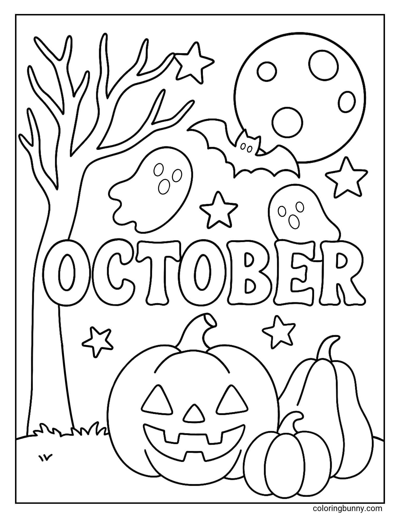 A fun and spooky coloring page of a scene celebrating October. The word 'October' is in the middle, surrounded by two ghosts, a jack-o'-lantern, a spooky tree, and a bat flying in front of a full moon. The ground is scattered with pumpkins and gourds.