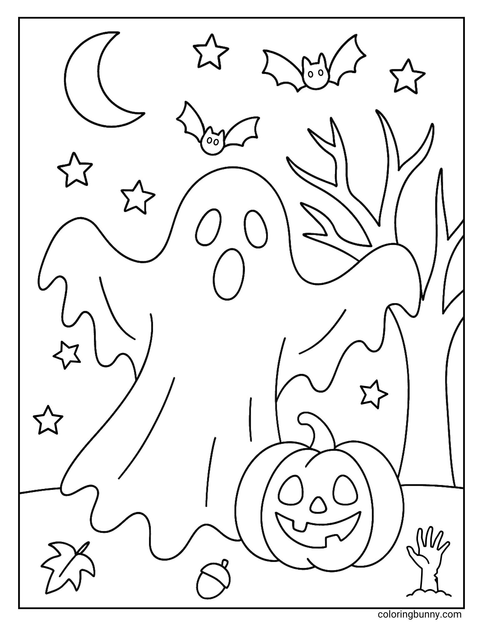 A classic Halloween coloring page of a ghost with a spooky, open-mouthed expression as if saying 'boo!'. The scene is set in a haunted woods at night, with a jack-o'-lantern, a zombie hand, bats, and a spooky tree under a crescent moon.