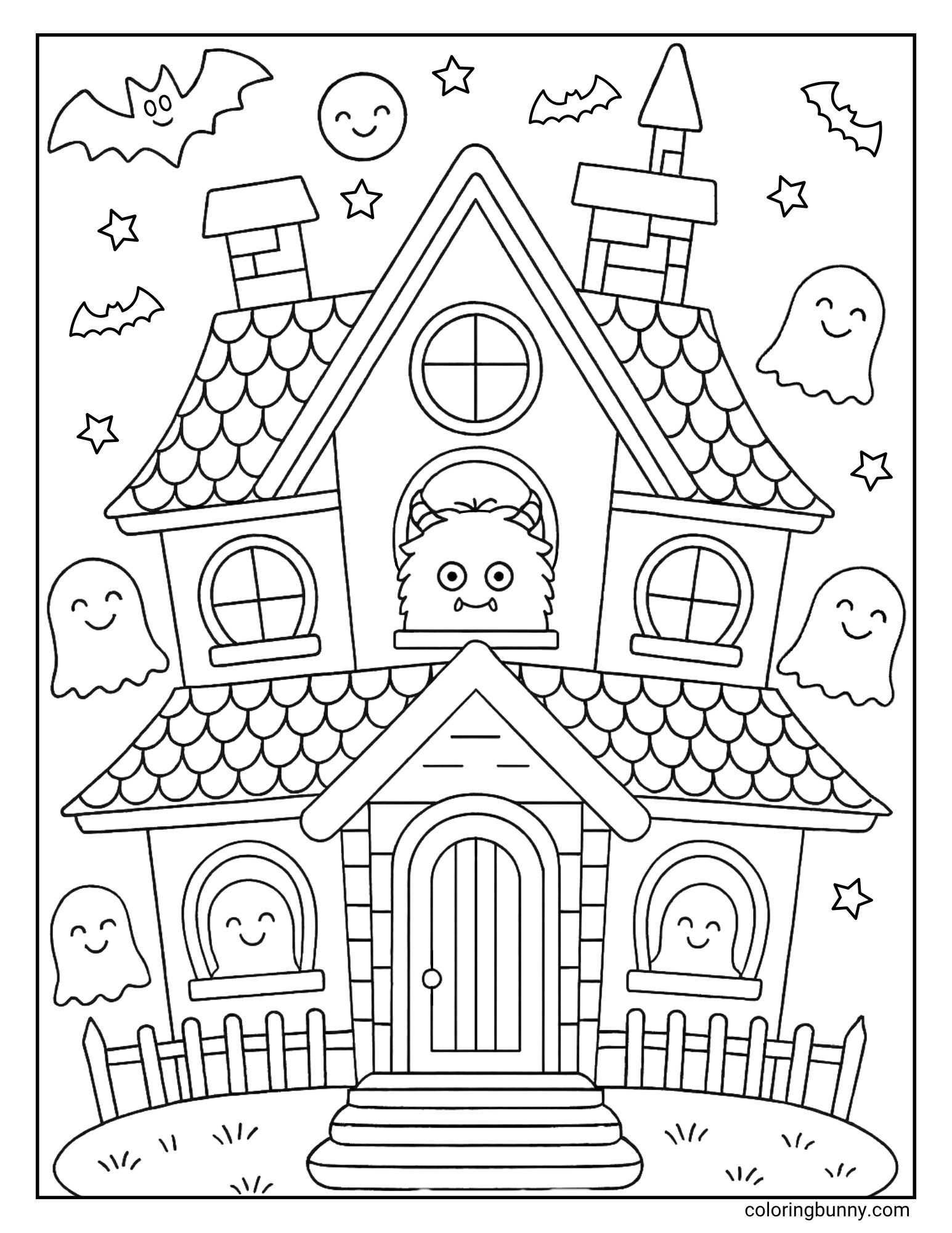A fun and busy coloring page of a friendly haunted house at night. A cute, furry monster is peeking from the top window, while happy ghosts look out of the other windows and float outside. Bats fly around the house under a smiling moon.