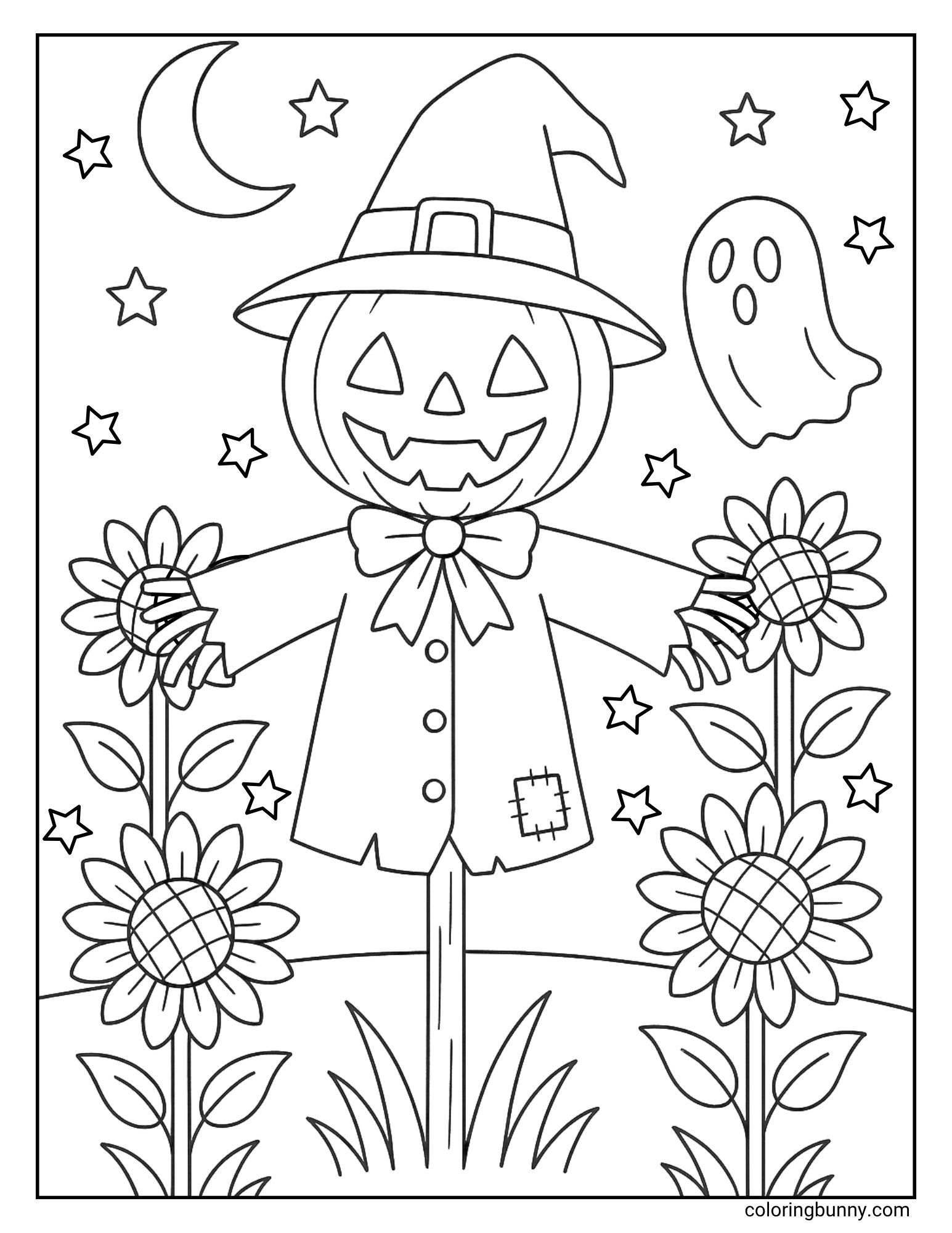 A Halloween coloring page featuring a cheerful pumpkin-headed scarecrow wearing a witch hat and bow tie. It stands in a sunflower field under a crescent moon and starry night sky, with a friendly ghost floating nearby.